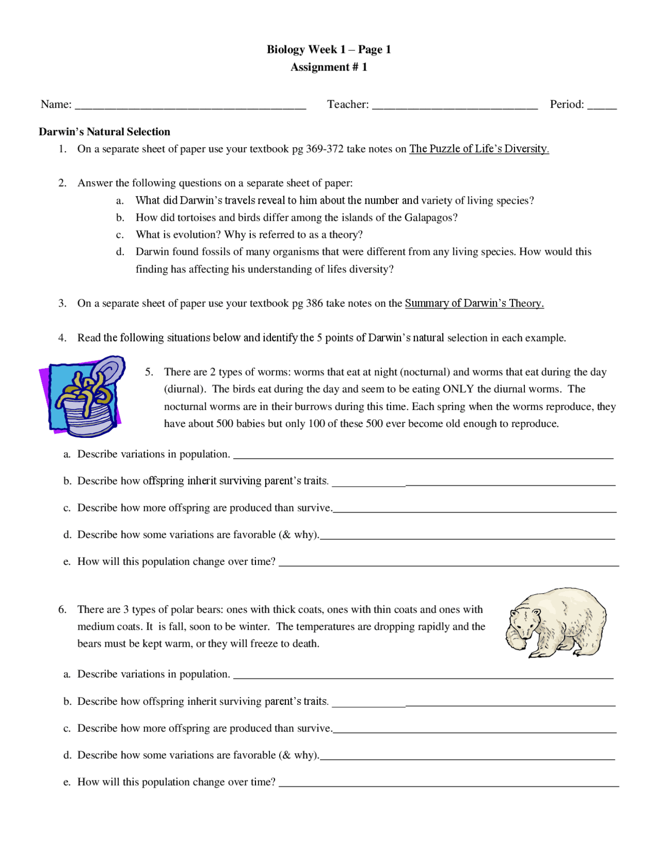 Darwin's Natural Selection Worksheet Exercises Biology Docsity