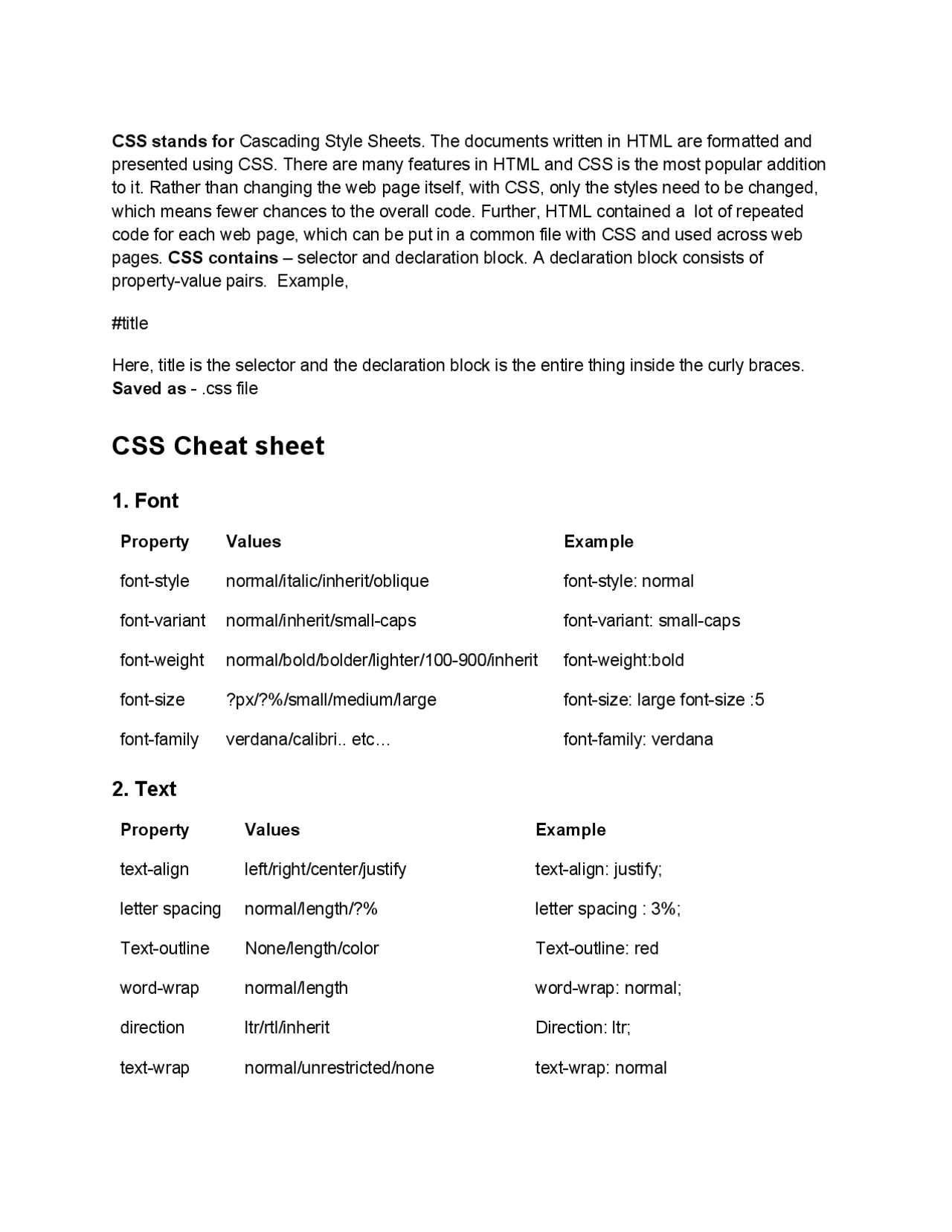 CSS Cheat Sheet PDF | Summaries Design | Docsity