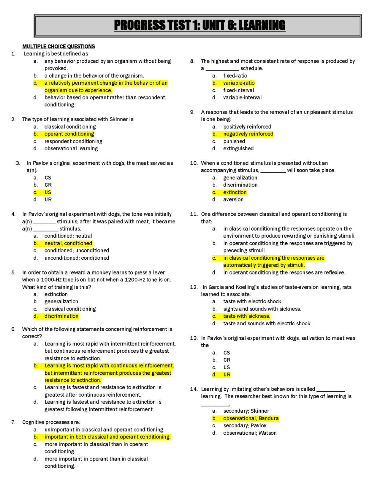 Unit 6 Learning UNIT 6: LEARNING - PROGRESS TEST 1 | Exams Psychology - Docsity