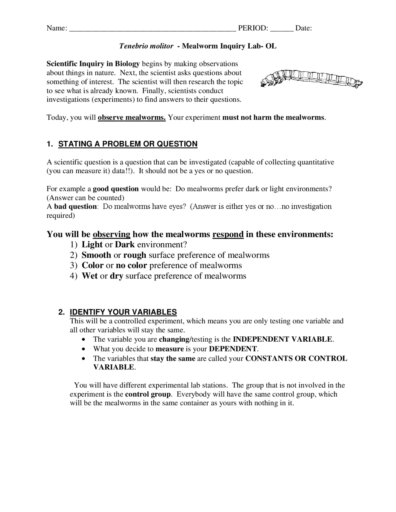 Scientific Inquiry Mealworm Lab Exercises Biology Docsity