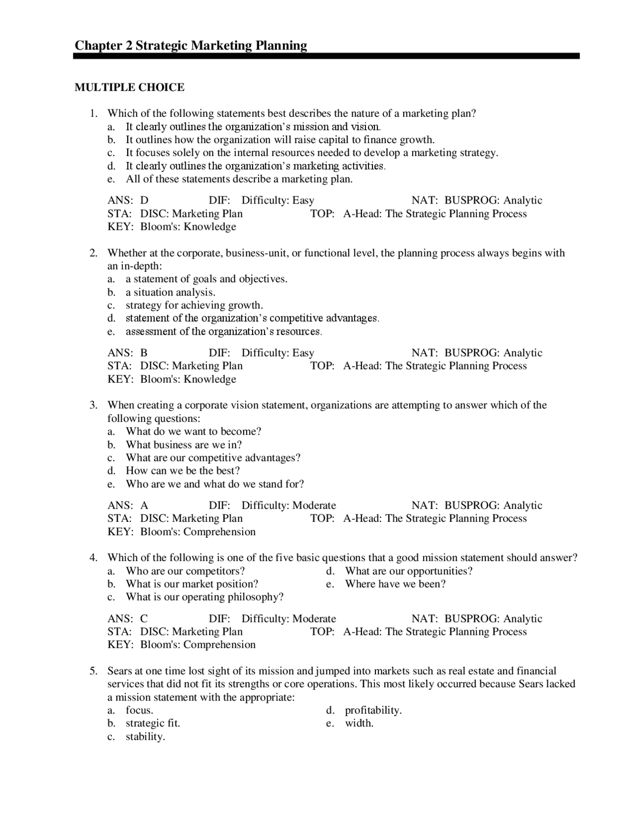 Chapter 2 Strategic Marketing Planning | Study notes Marketing | Docsity