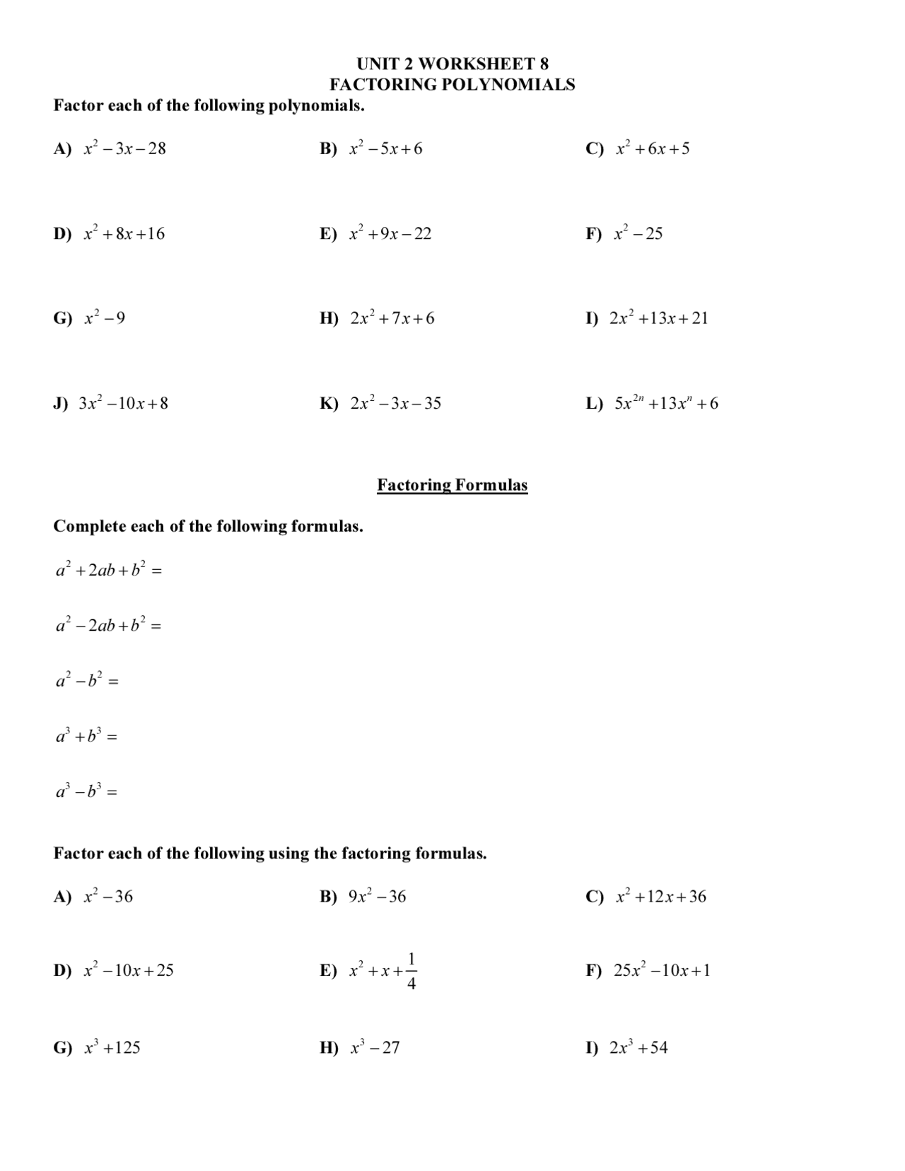 Unit 2 worksheet 8 factoring polynomials Study notes Algebra Docsity