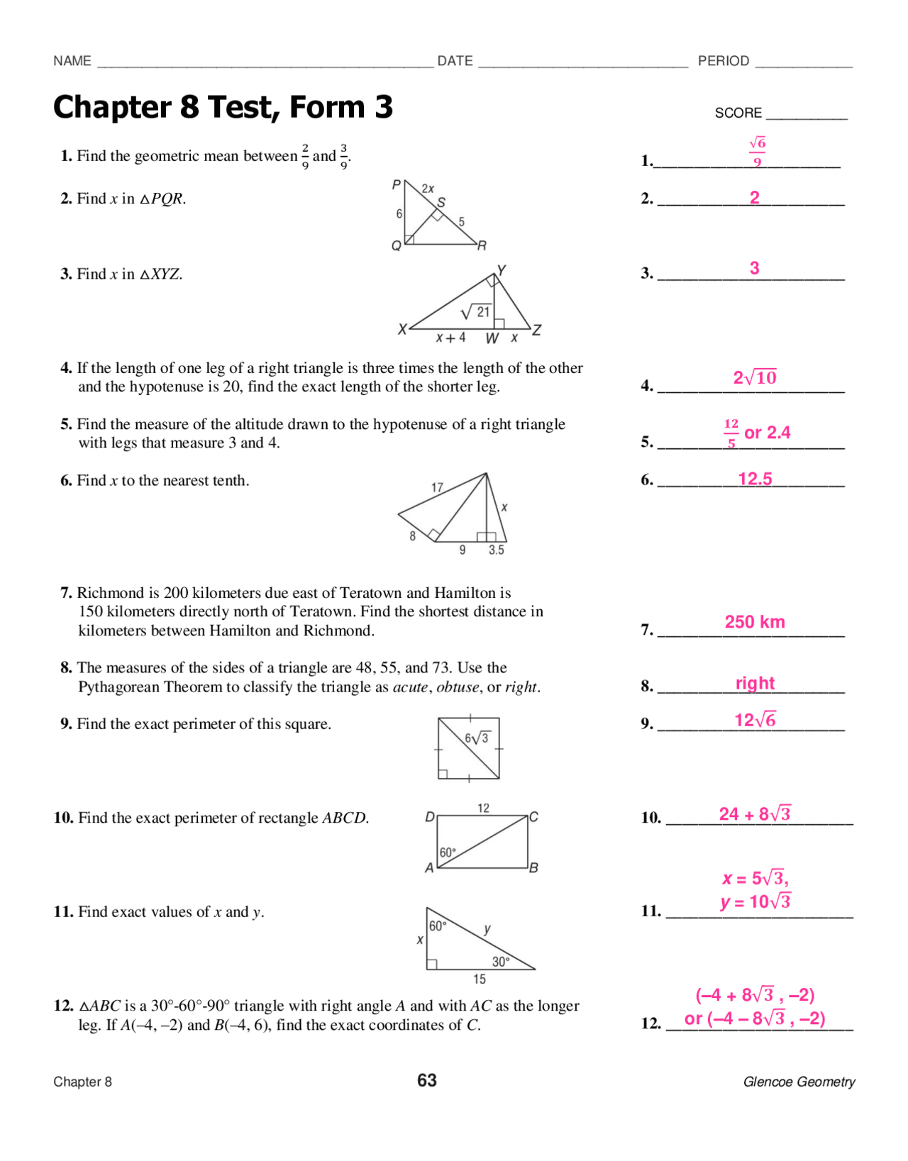 Chapter 8 Test Form B Math Chapter 8 Test, Form 3 | Lecture notes Geometry | Docsity