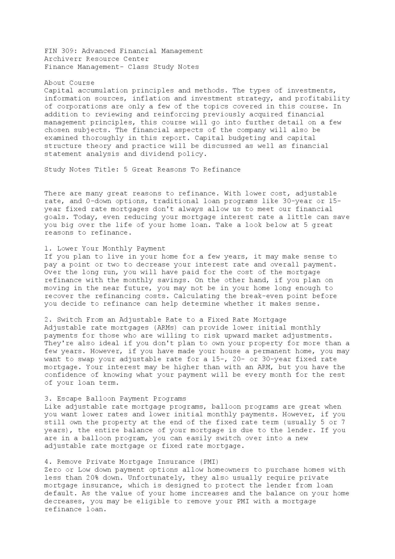 5_Great_Reasons_To_Refinance study notes | Study notes Finance | Docsity