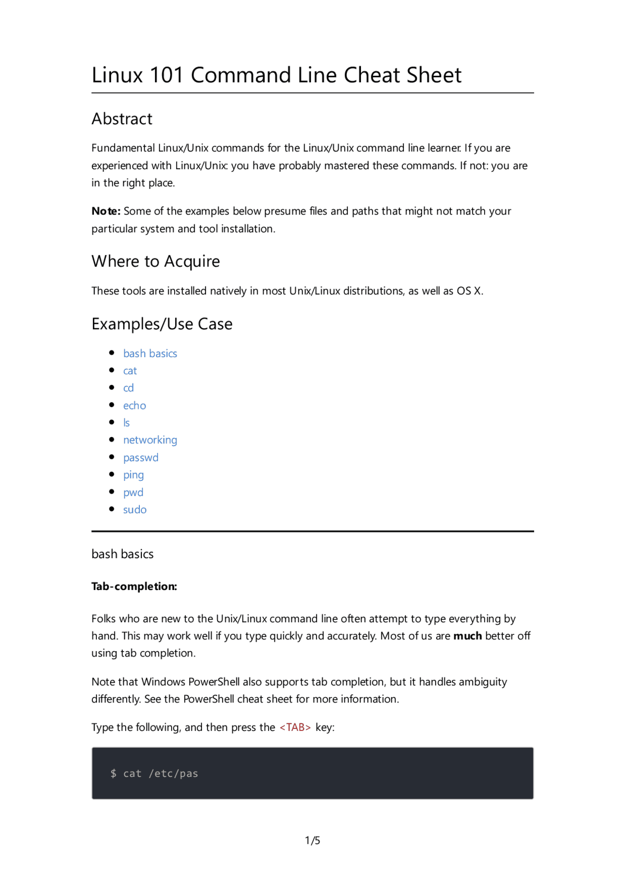 Linux 101 Command Line Cheat Sheet | Study notes Linux skills | Docsity