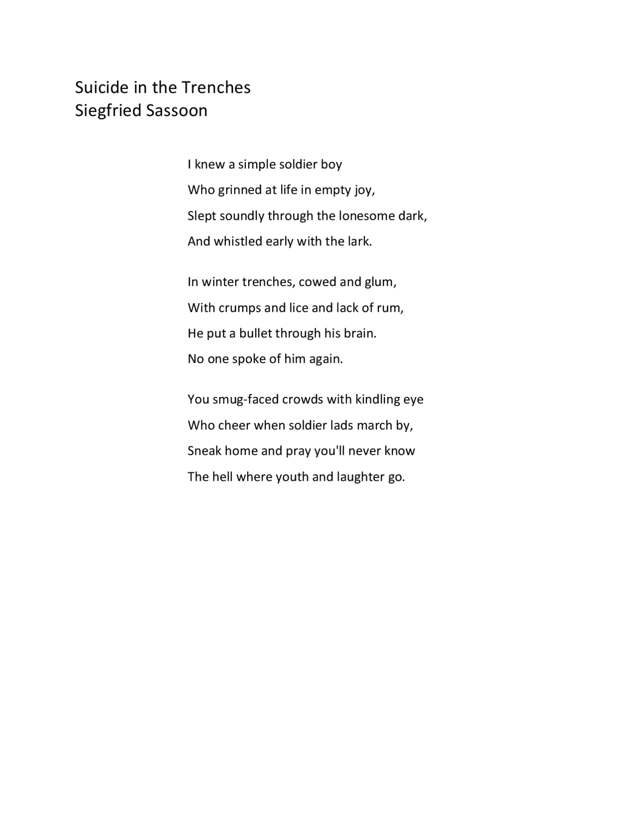 Suicide in the Trenches Siegfried Sassoon | Study notes Poetry | Docsity