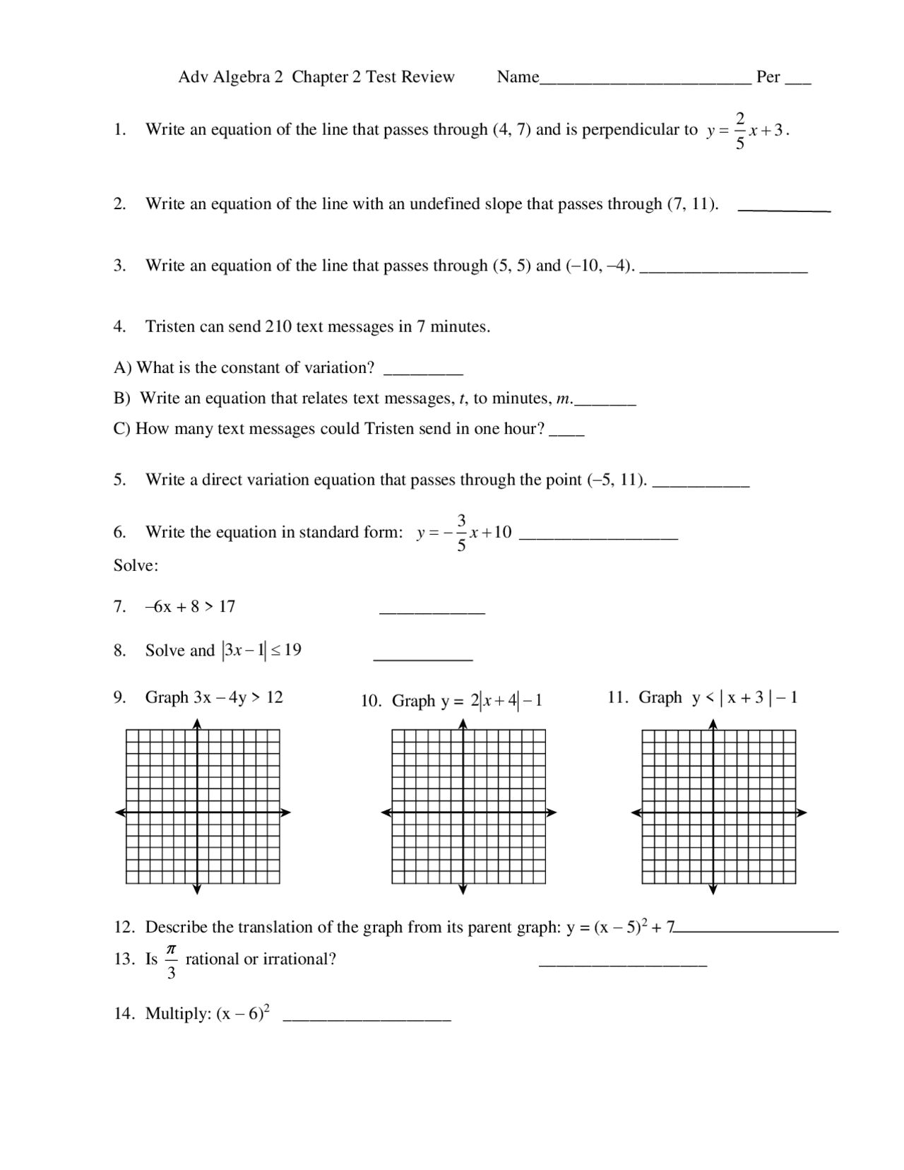Adv Algebra 2 Chapter 2 Test | Summaries Algebra | Docsity