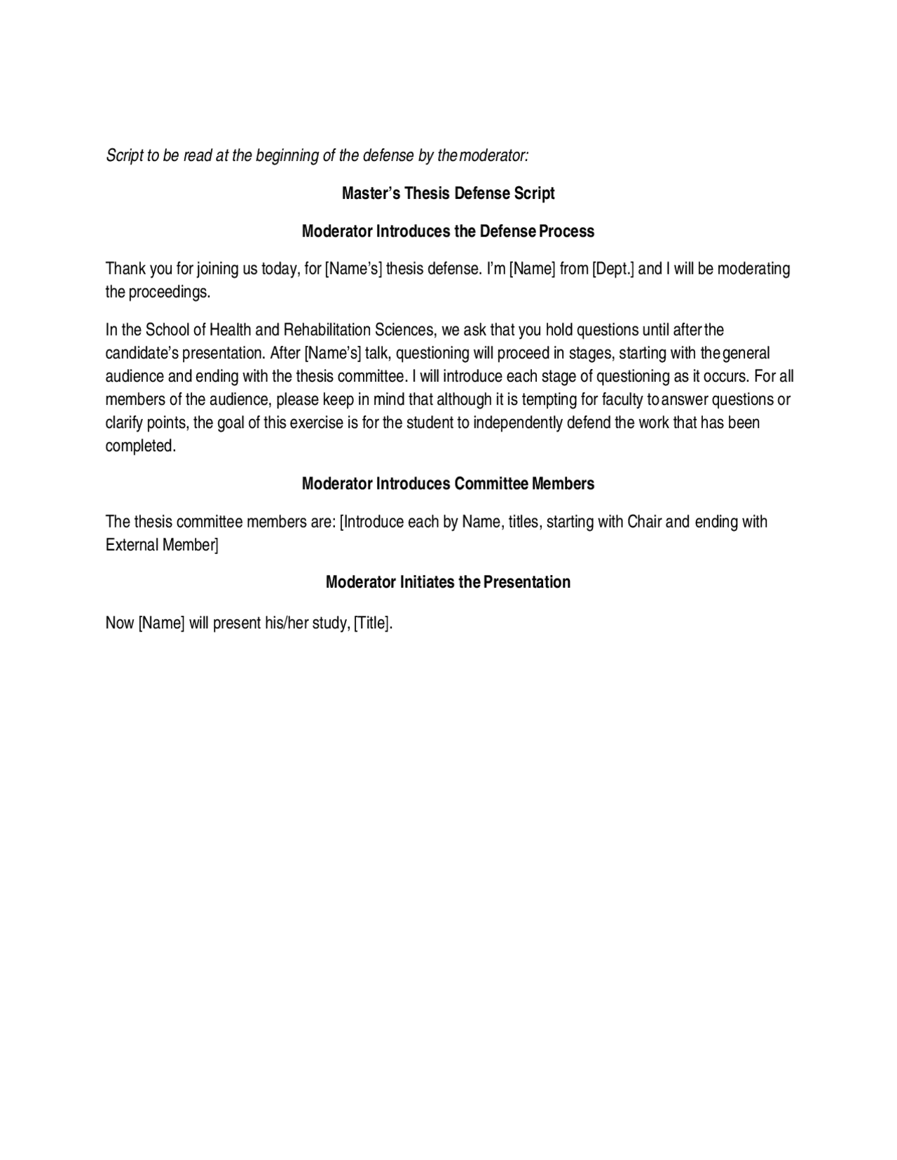 Master's Thesis Defense Script Moderator Introduces the D | Lecture ...