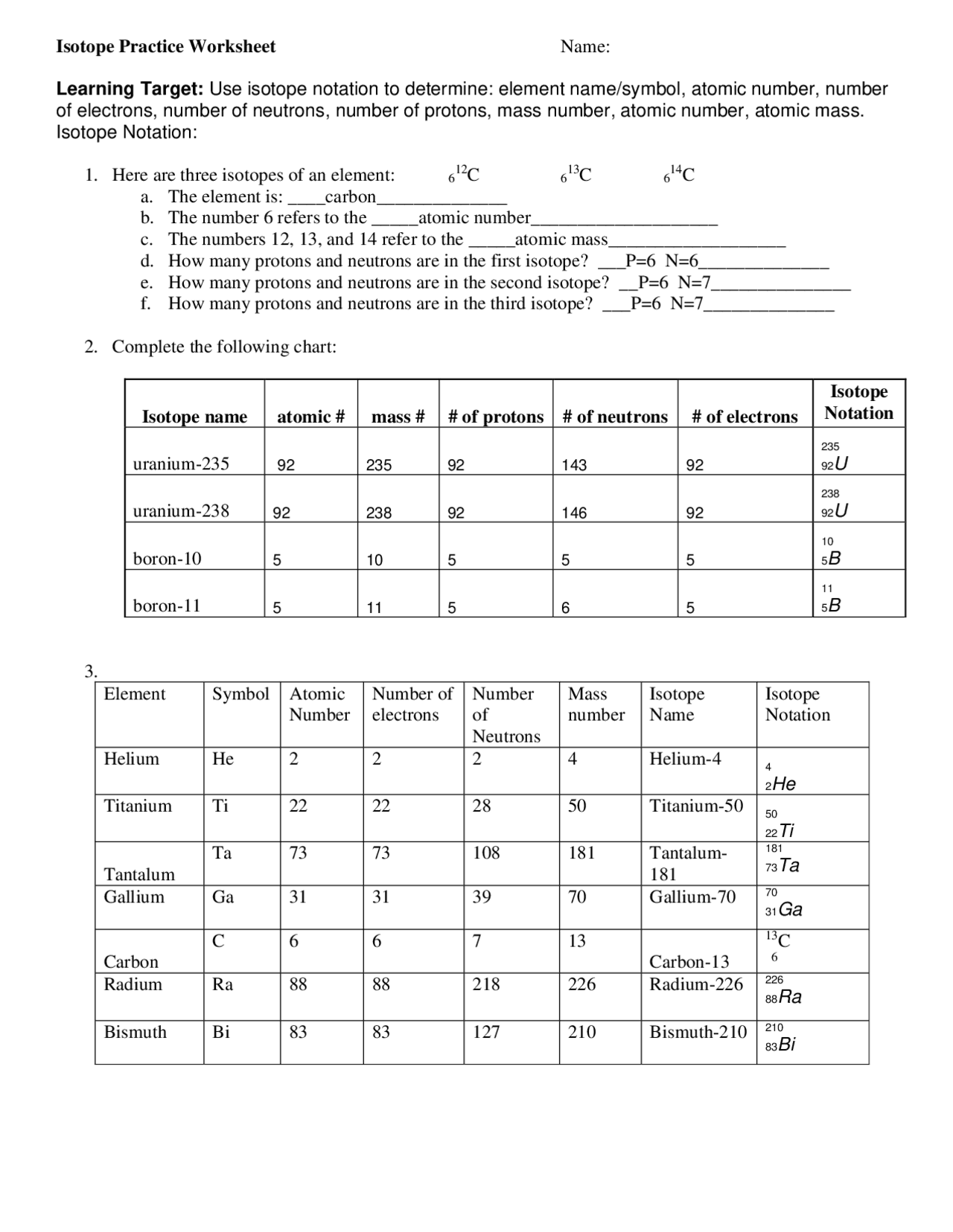 Isotope Practice Worksheet | Lecture notes Chemistry | Docsity