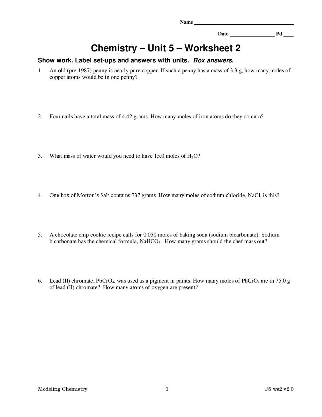 Chemistry – Unit 5 – Worksheet 2 | Lecture notes Chemistry | Docsity