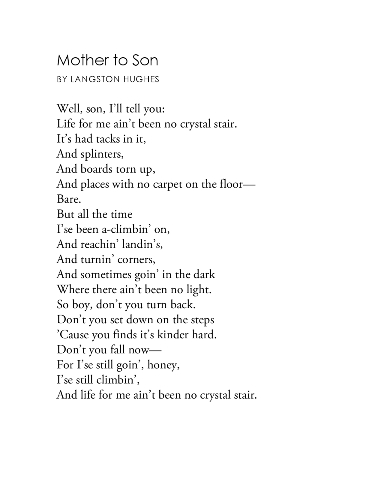 Mother to Son | Study notes Poetry | Docsity