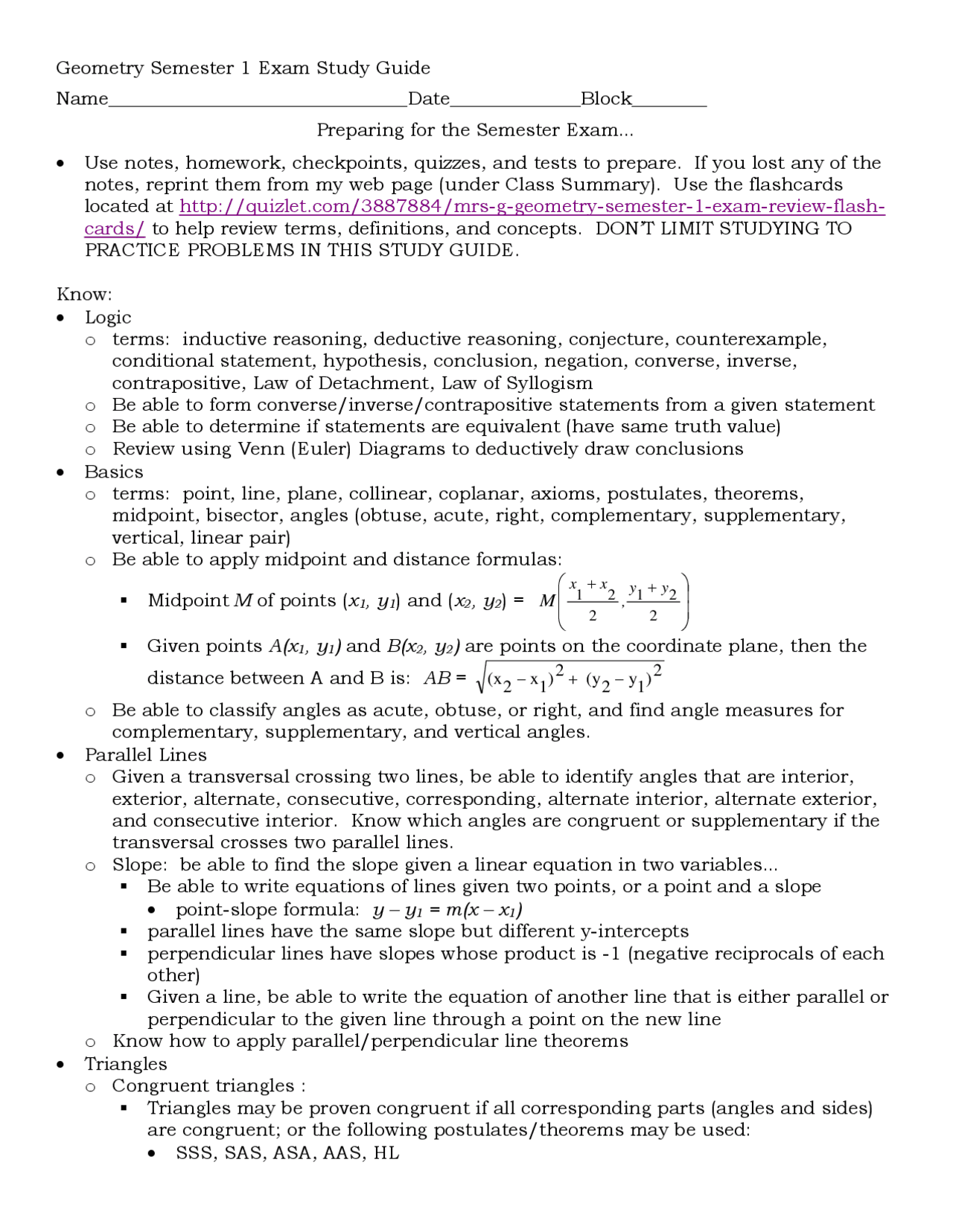 Geometry Semester 1 Exam Study Guide ... | Summaries Geometry | Docsity