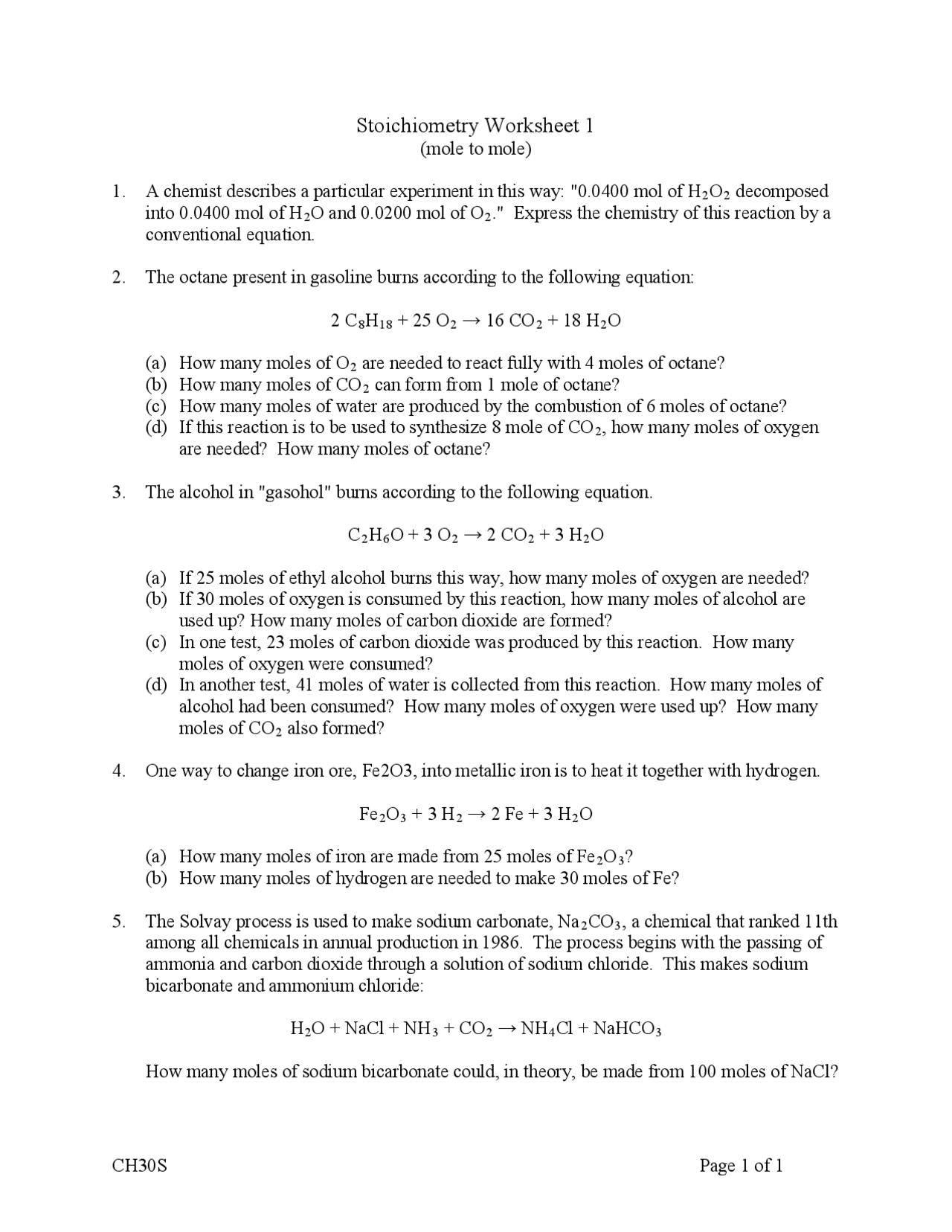 Sugar Stoichiometry Lab Example Worksheet Stoichiometry Worksheet 1 | Slides Stoichiometry | Docsity