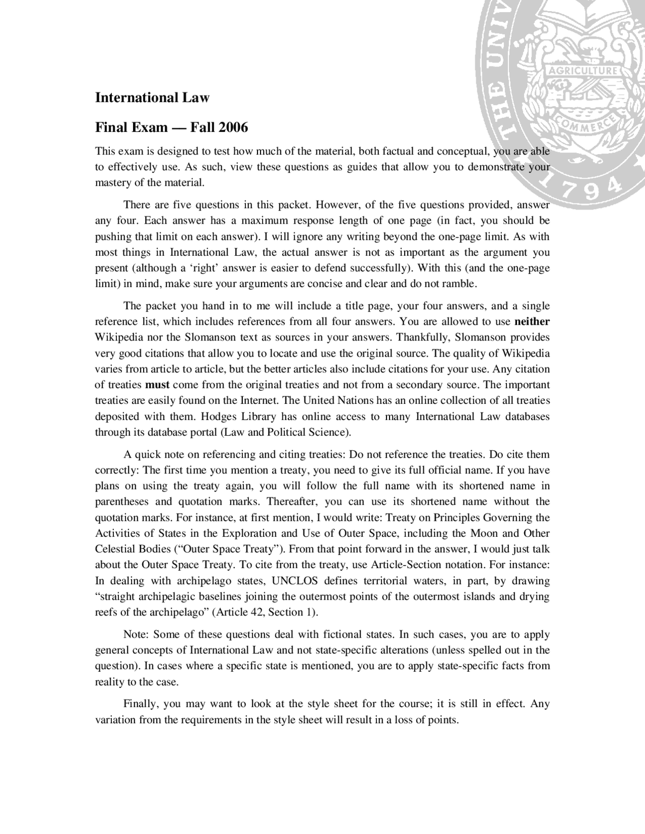 International Law Final Exam –– Fall 2006 | Study notes International ...
