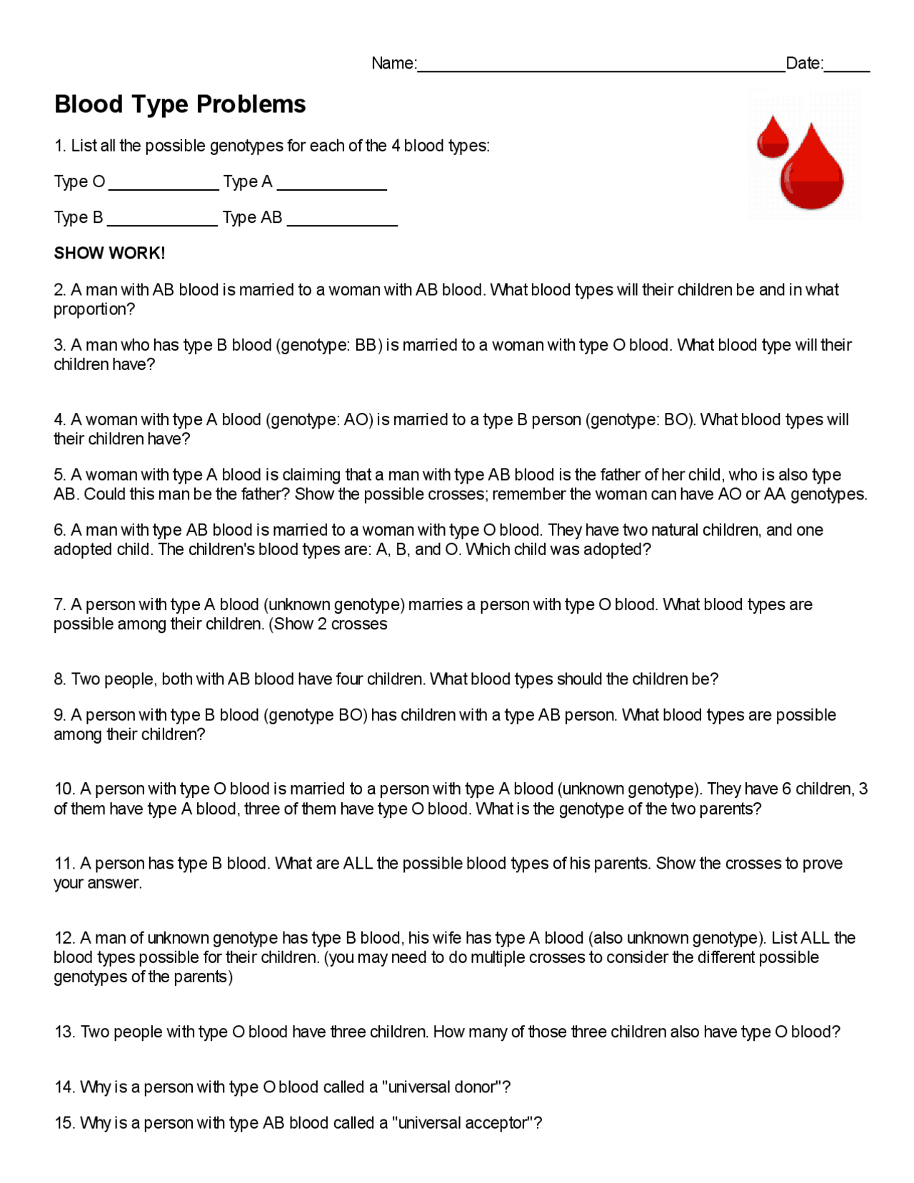 Blood Type Problems | Exercises Human Biology | Docsity