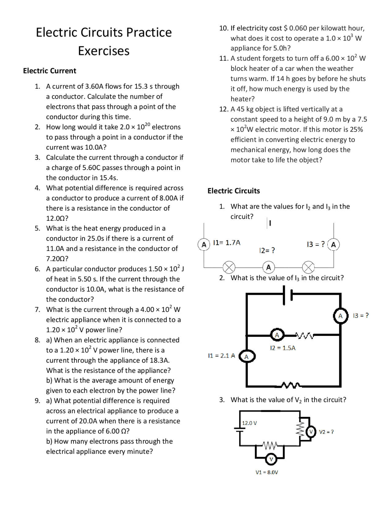 Electric Circuits Practice Exercises | Study notes Physics | Docsity