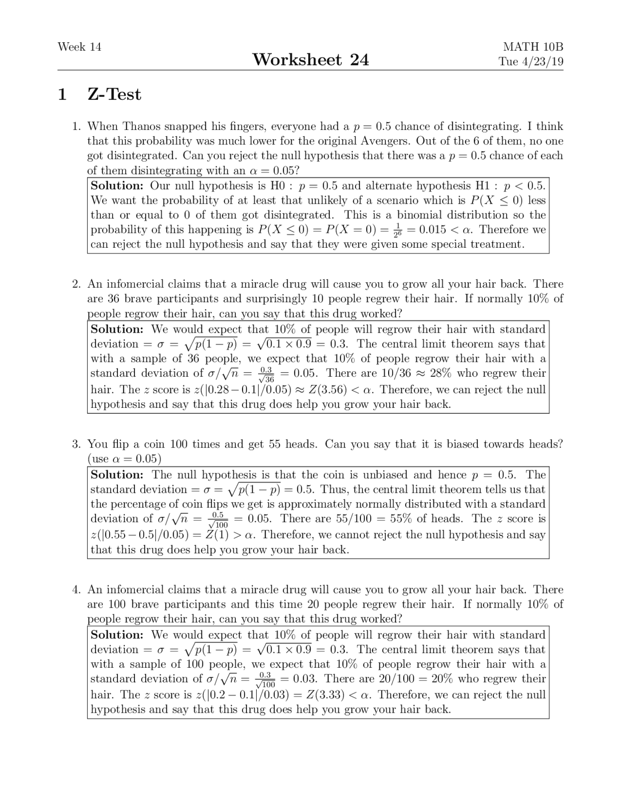 Worksheet 24 1 Z-Test | Lecture notes Business Statistics | Docsity