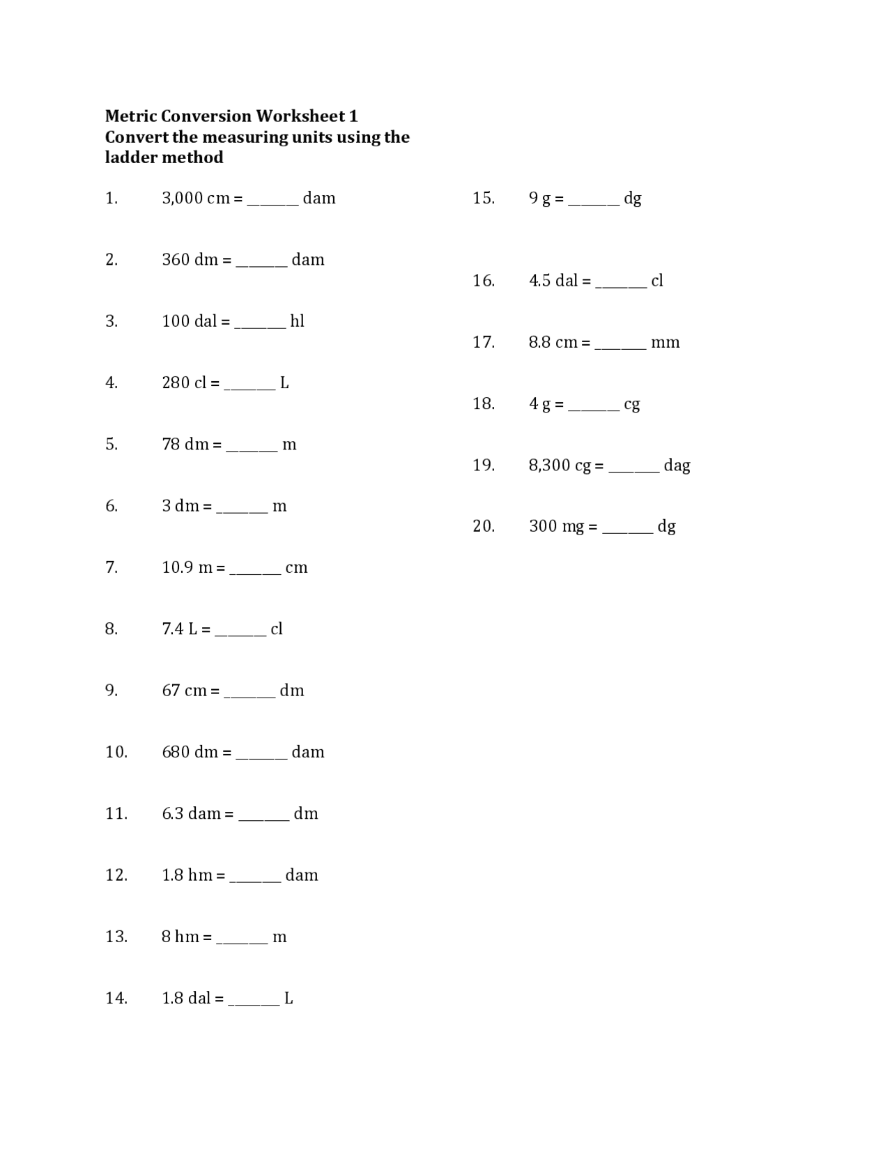 Metric Conversion Worksheet 1 | Lecture notes Physics | Docsity