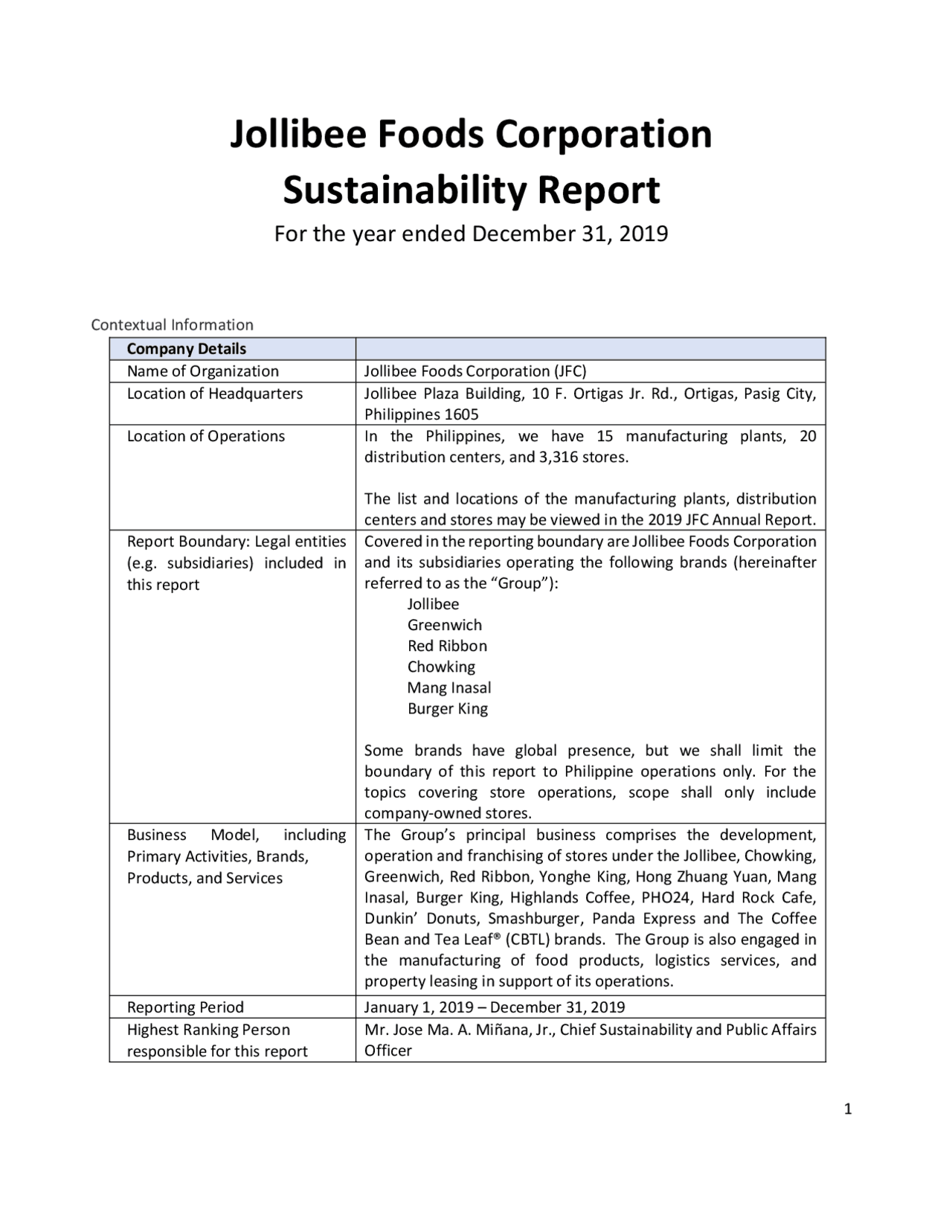Jollibee Foods Corporation Sustainability Report | Exams Business | Docsity