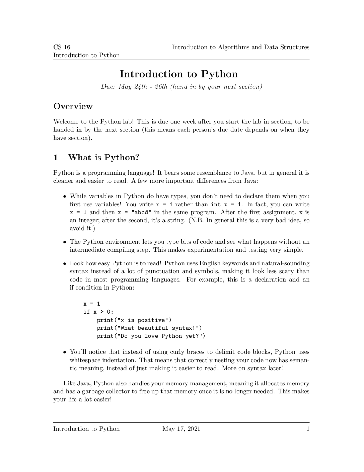 Python Lab: Introduction to Python and Data Structures | Lecture notes ...