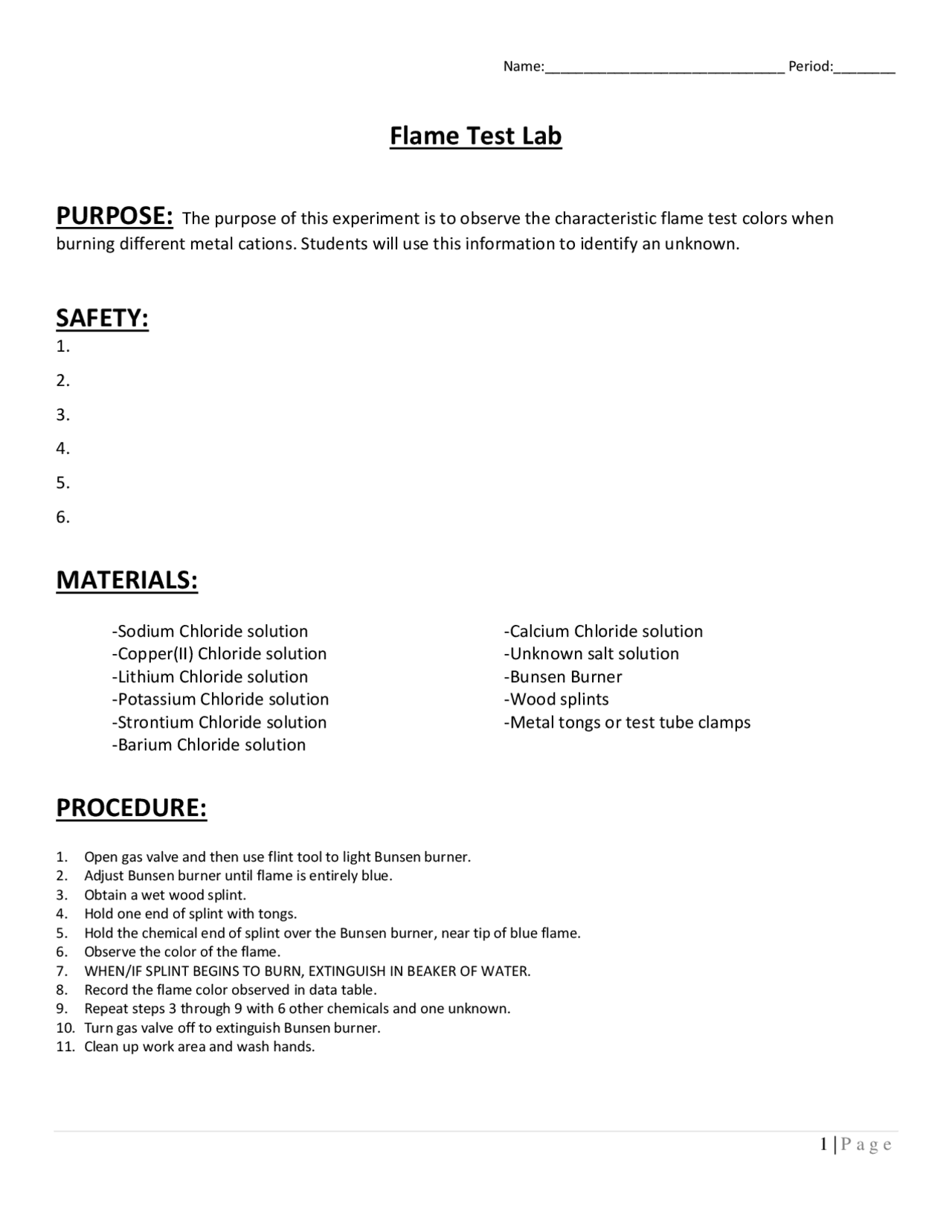Fire Test Note TITLE: Flame Test Lab | Study notes Chemical Experimentation | Docsity