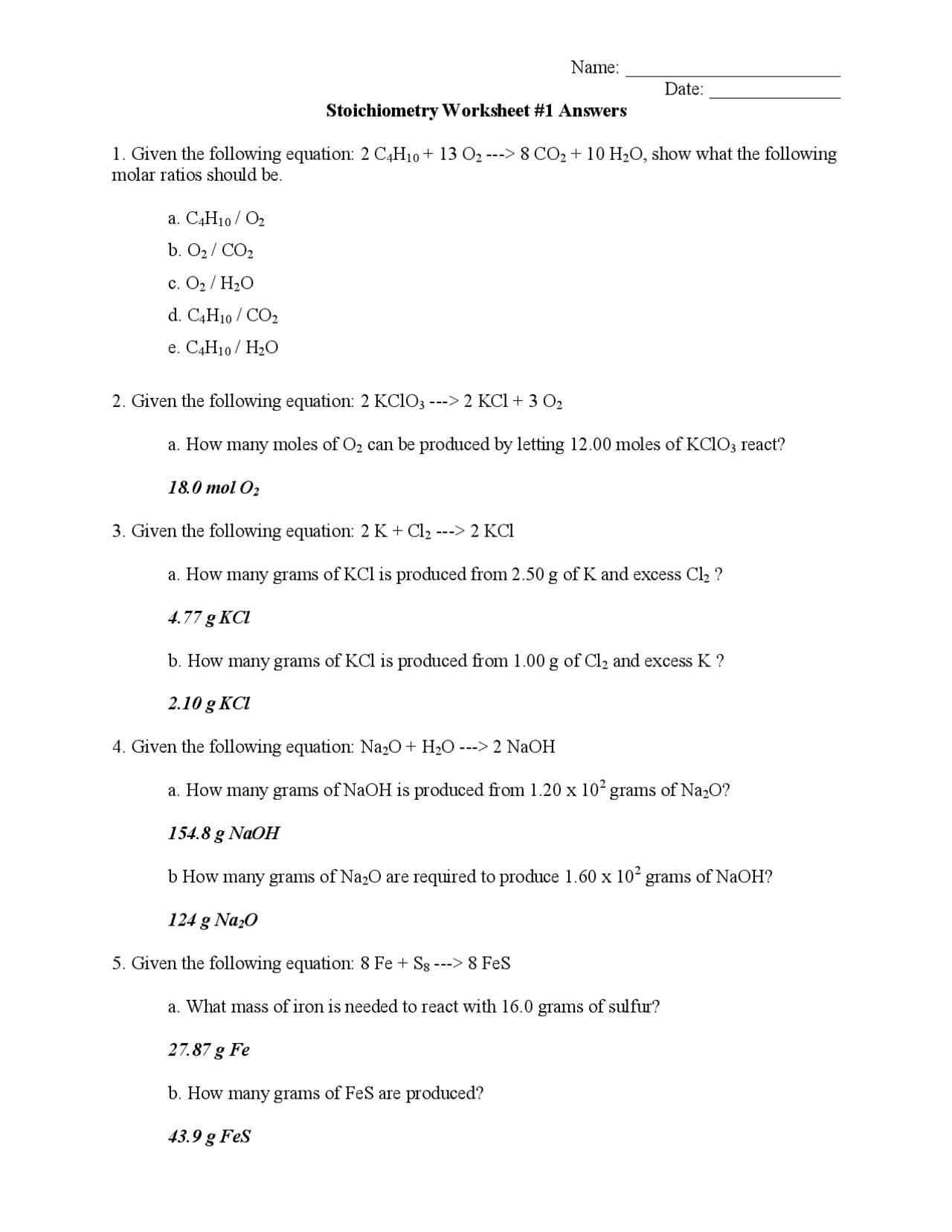 Stoichiometry Worksheet #1 Answers | Lecture notes Stoichiometry | Docsity