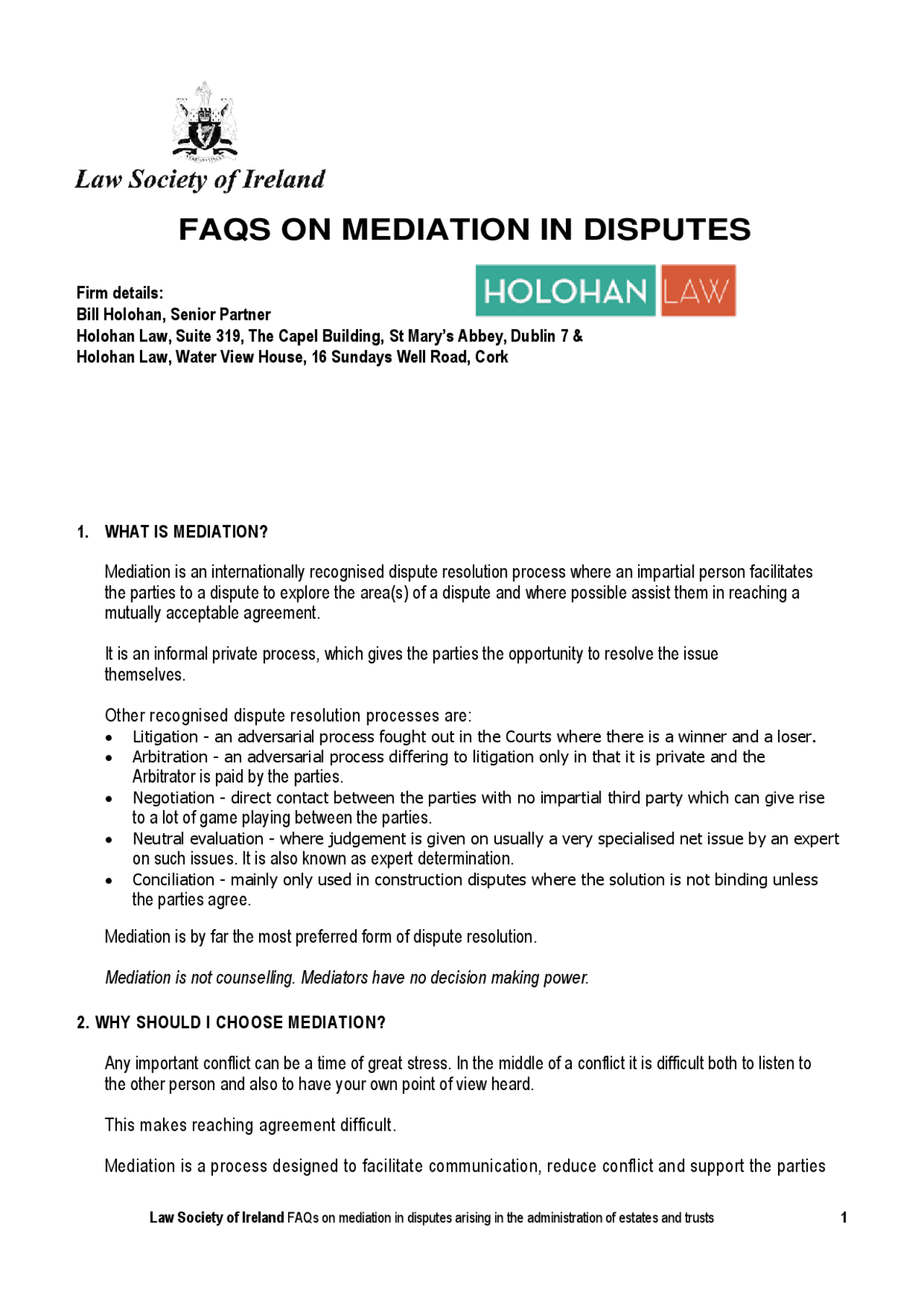 Mediation in Disputes: A Comprehensive FAQ | Lecture notes Law | Docsity