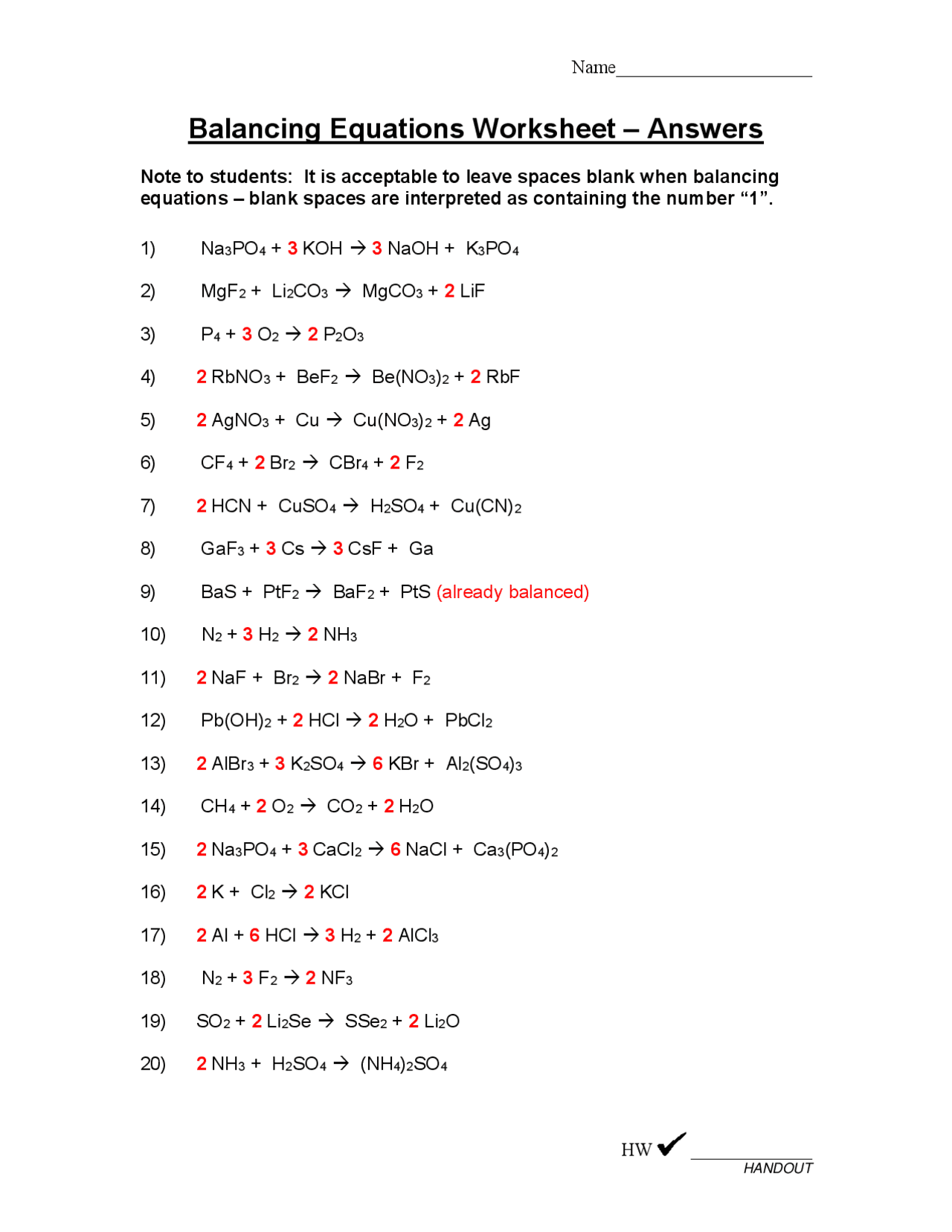 Balancing Equations Worksheet – Answers | Study notes Algebra | Docsity