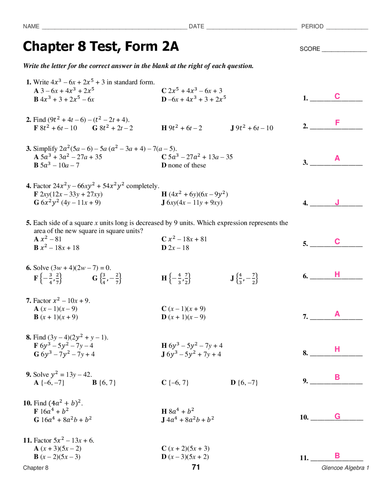 Chapter 8 Test, Form 2A | Exercises Algebra | Docsity