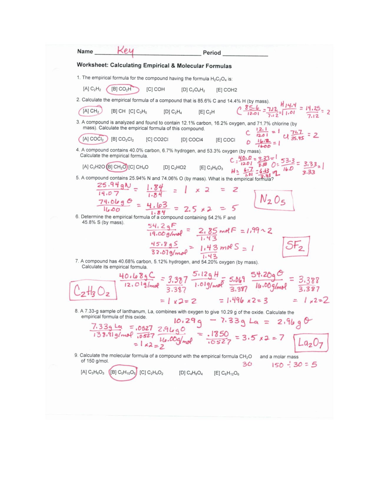 Answer Key Empirical and Molec Formula WS.pdf | Exercises Chemistry |  Docsity