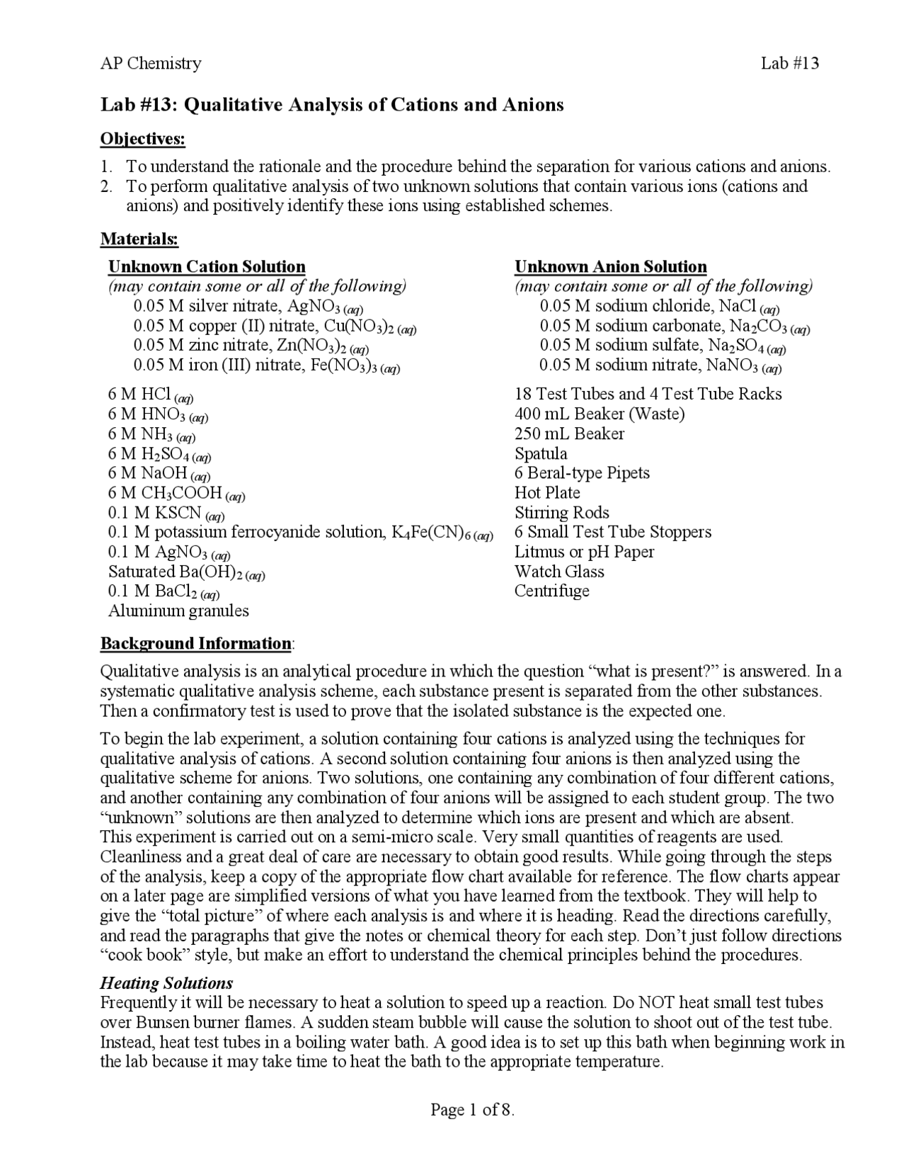 Lab 13 Qualitative Analysis of Cations and Anions Exercises Chemistry