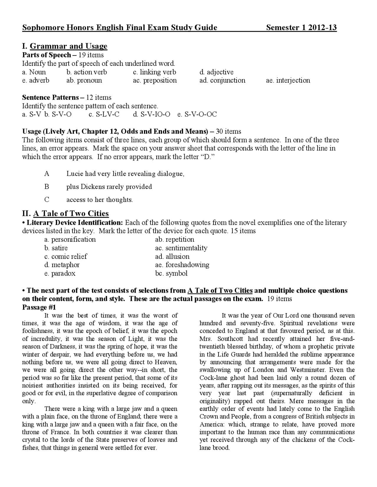 English Study Guide Final Honors English final Sem. 1 12-13 study guide | Exams English | Docsity