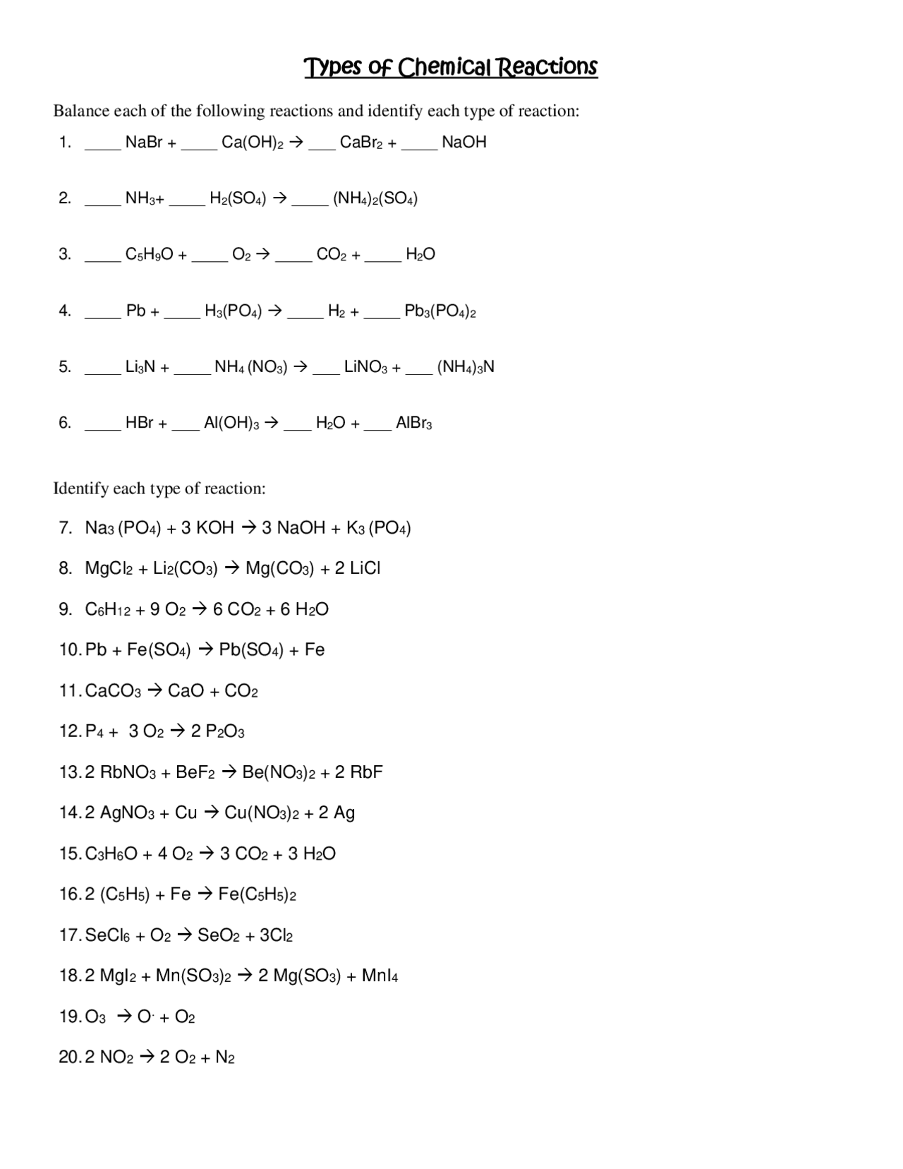 Types of Chemical Reaction Worksheet Lecture notes Chemistry Docsity