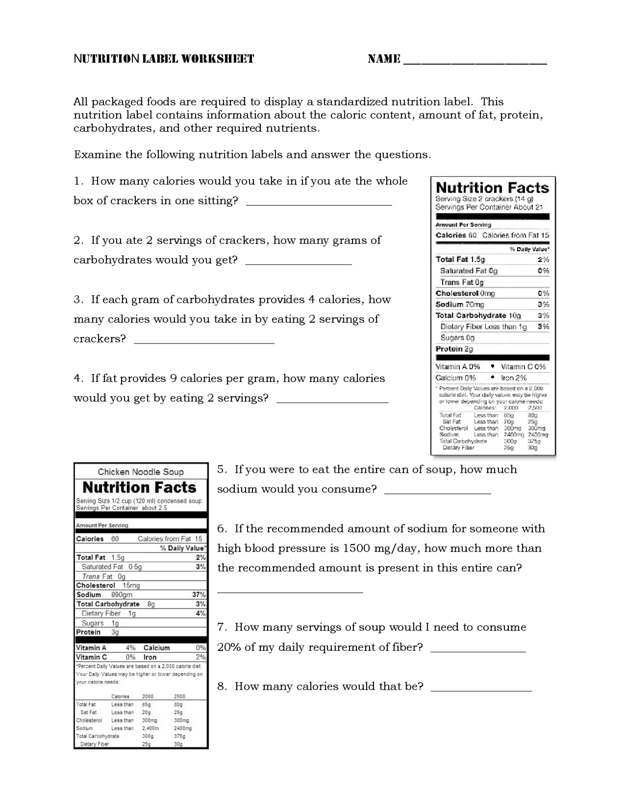 NutritioN label worksheet name | Lecture notes Nutrition | Docsity