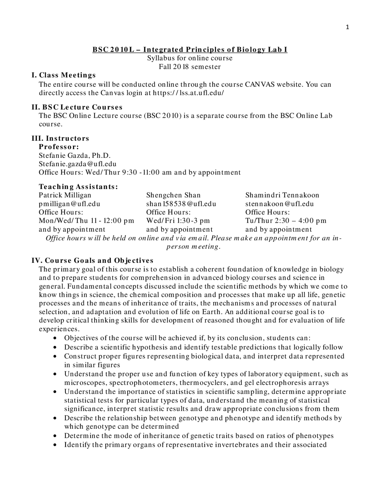 BSC 2010L - Integrated Principles of Biology Lab I: Syllabus for Fall ...