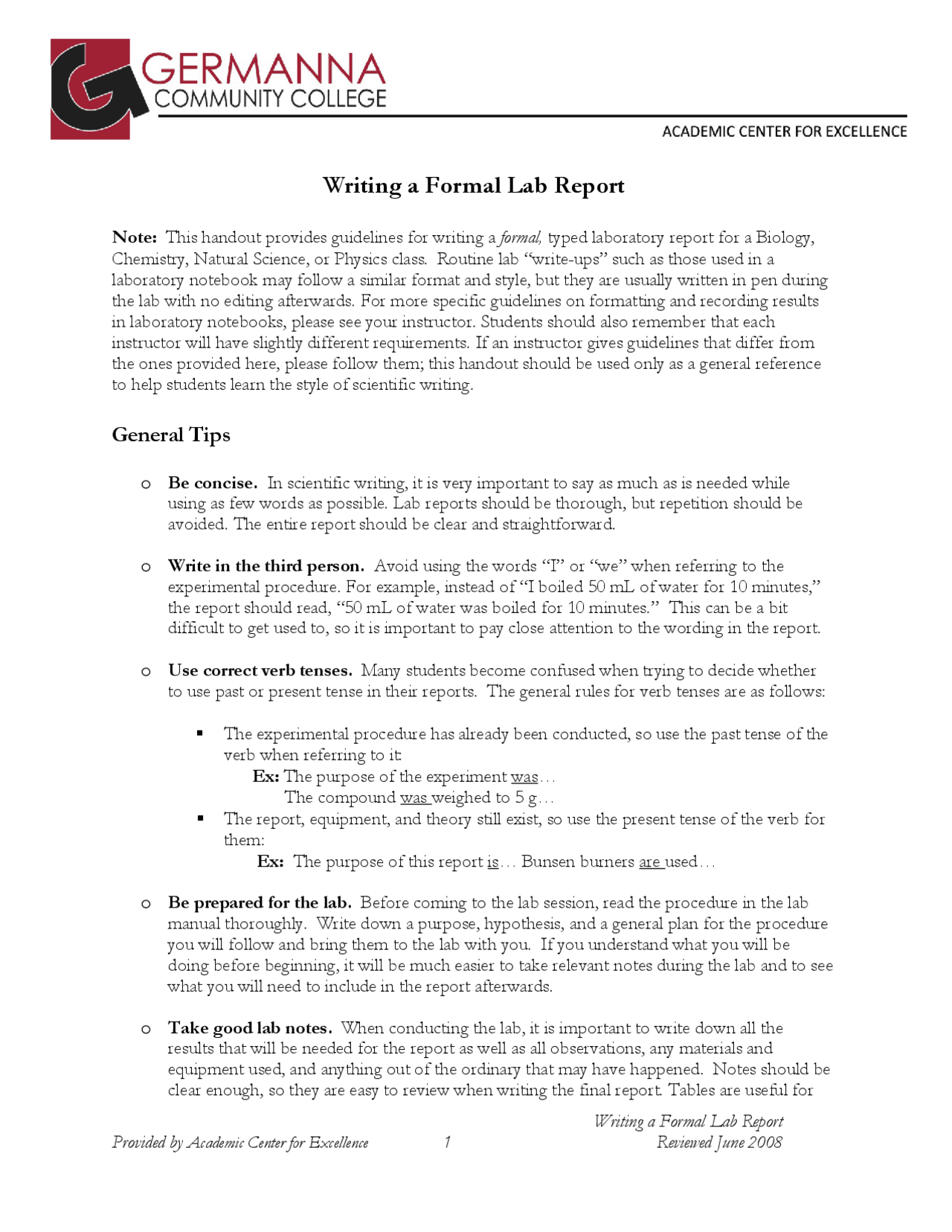 Writing a Formal Lab Report Lecture notes Chemistry Docsity