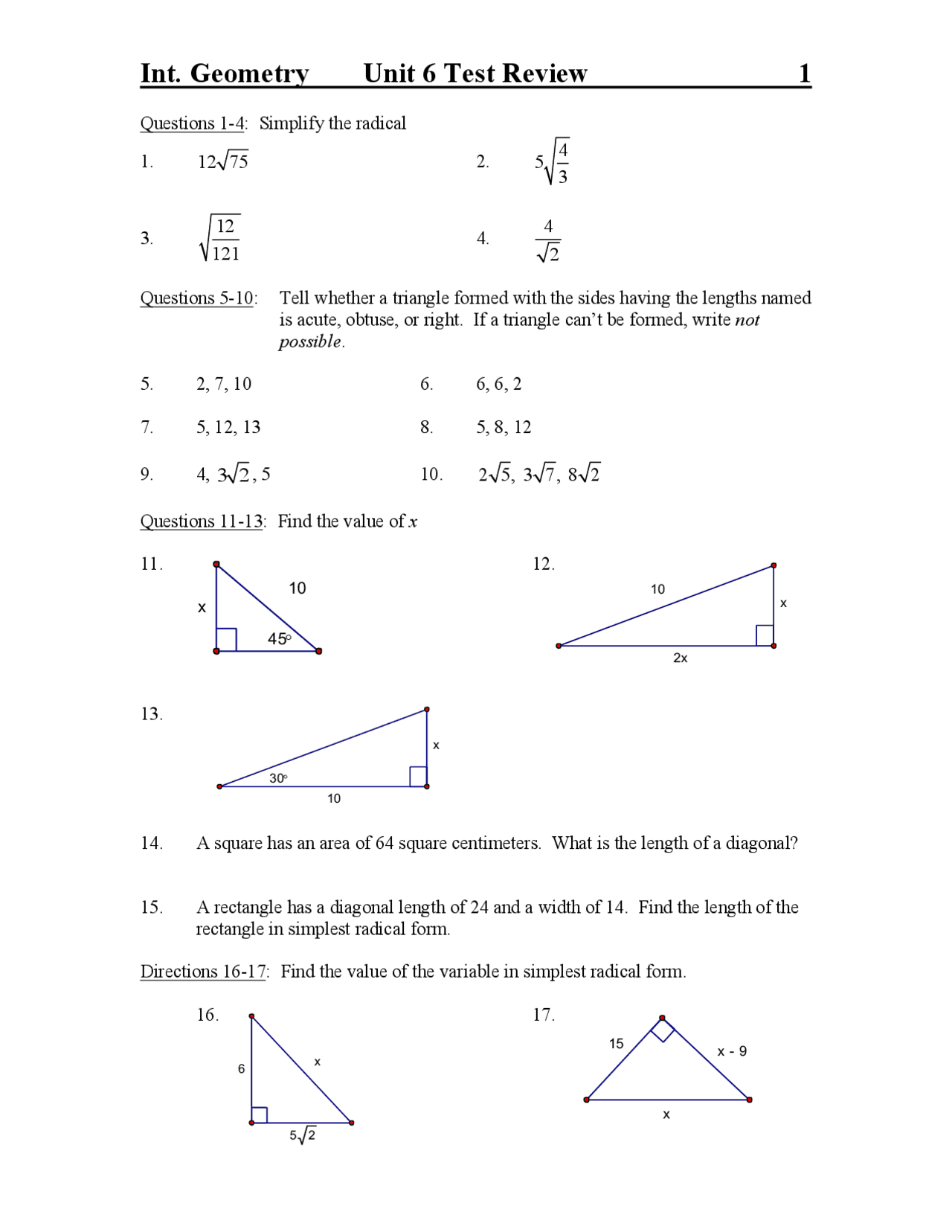 Int. Geometry Unit 6 Test Review 1 | Lecture notes Geometry | Docsity