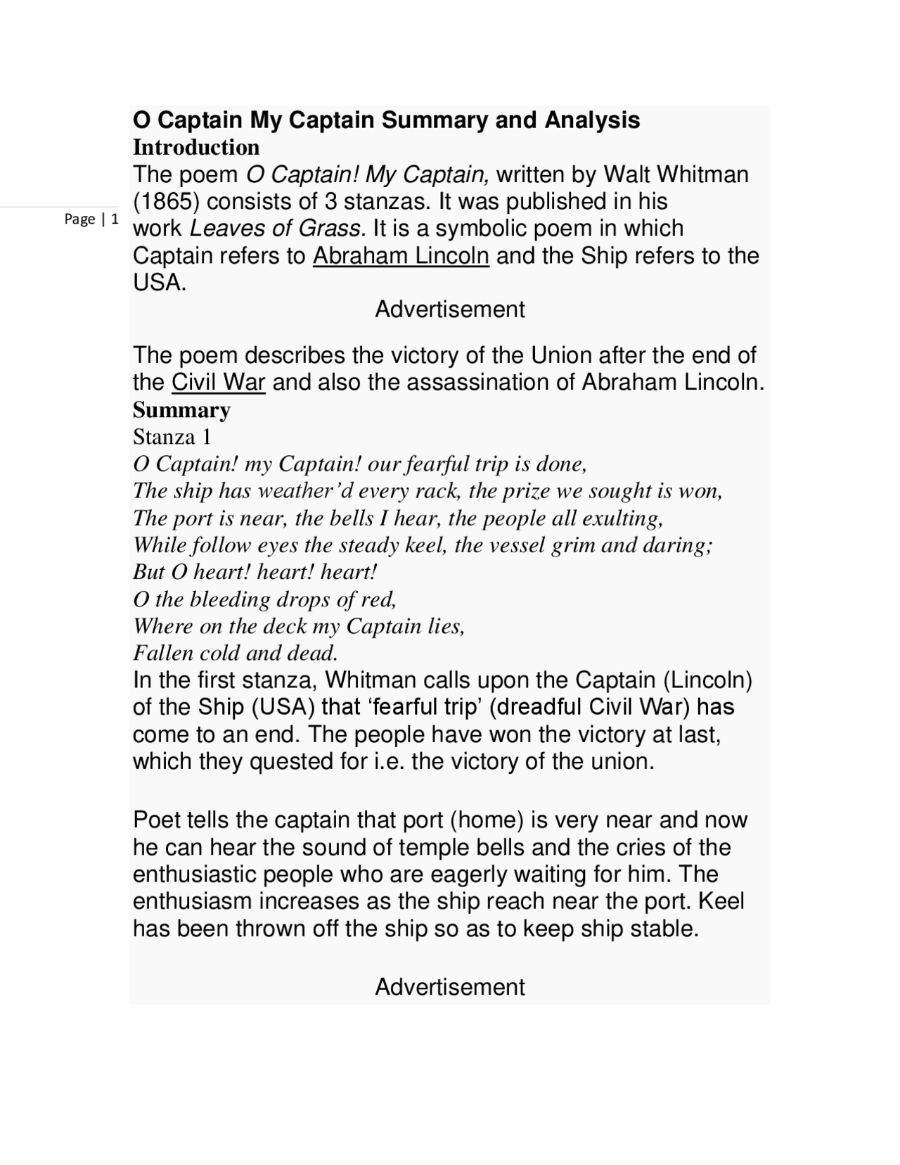 O Captain My Captain Summary and Analysis Schemes and Mind Maps