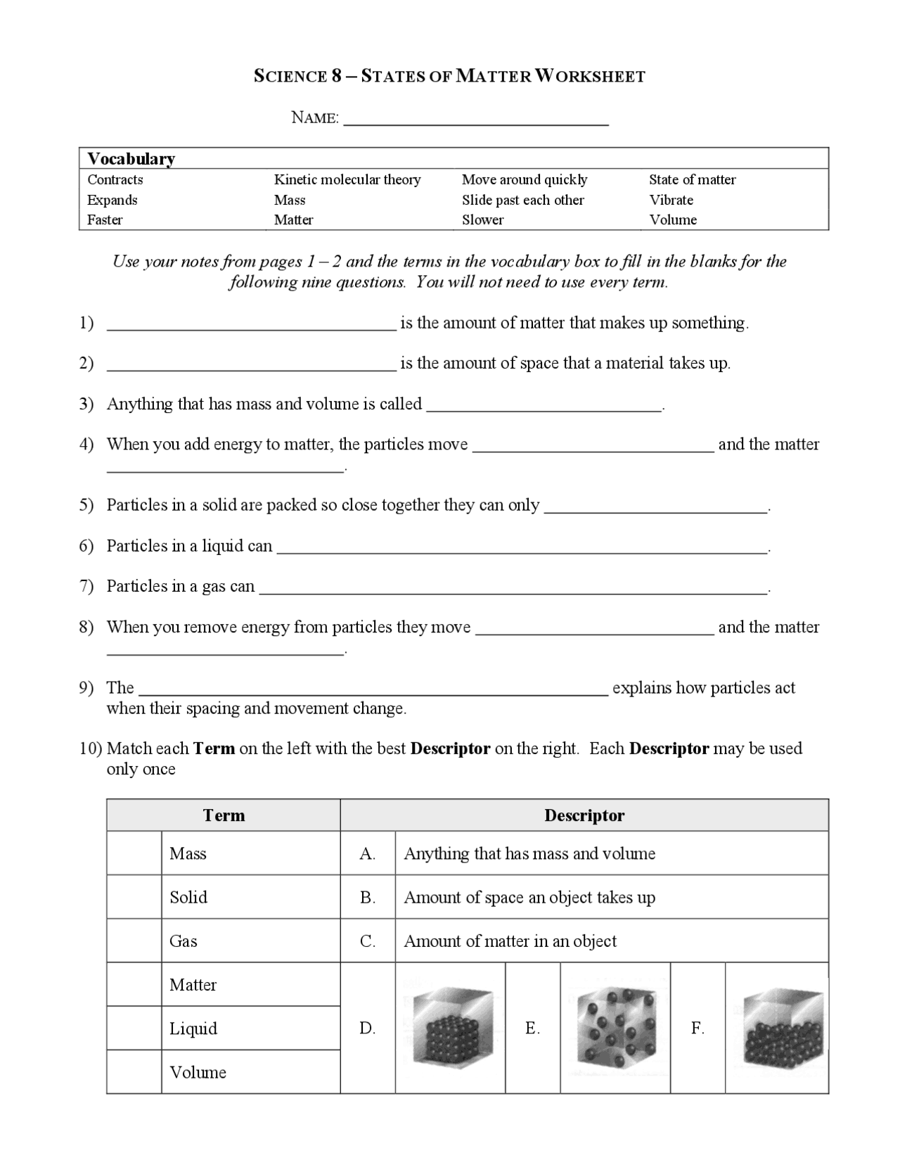 Changes Of State Worksheet
