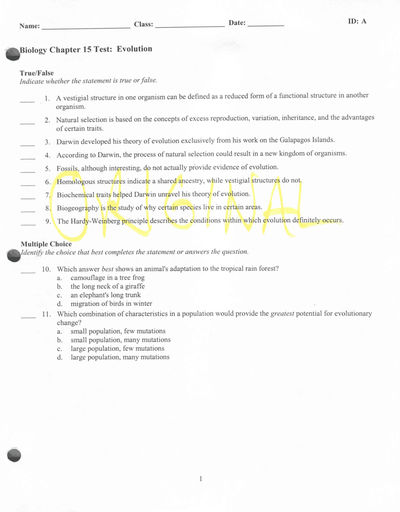 ^Biology Chapter 15 Test: Evolution | Lecture notes Biology | Docsity