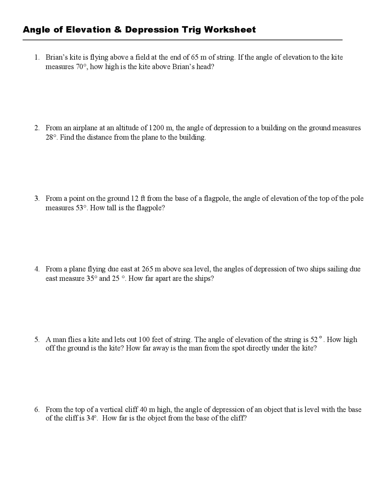 Angle of Elevation & Depression Trig Worksheet | Lecture notes ...