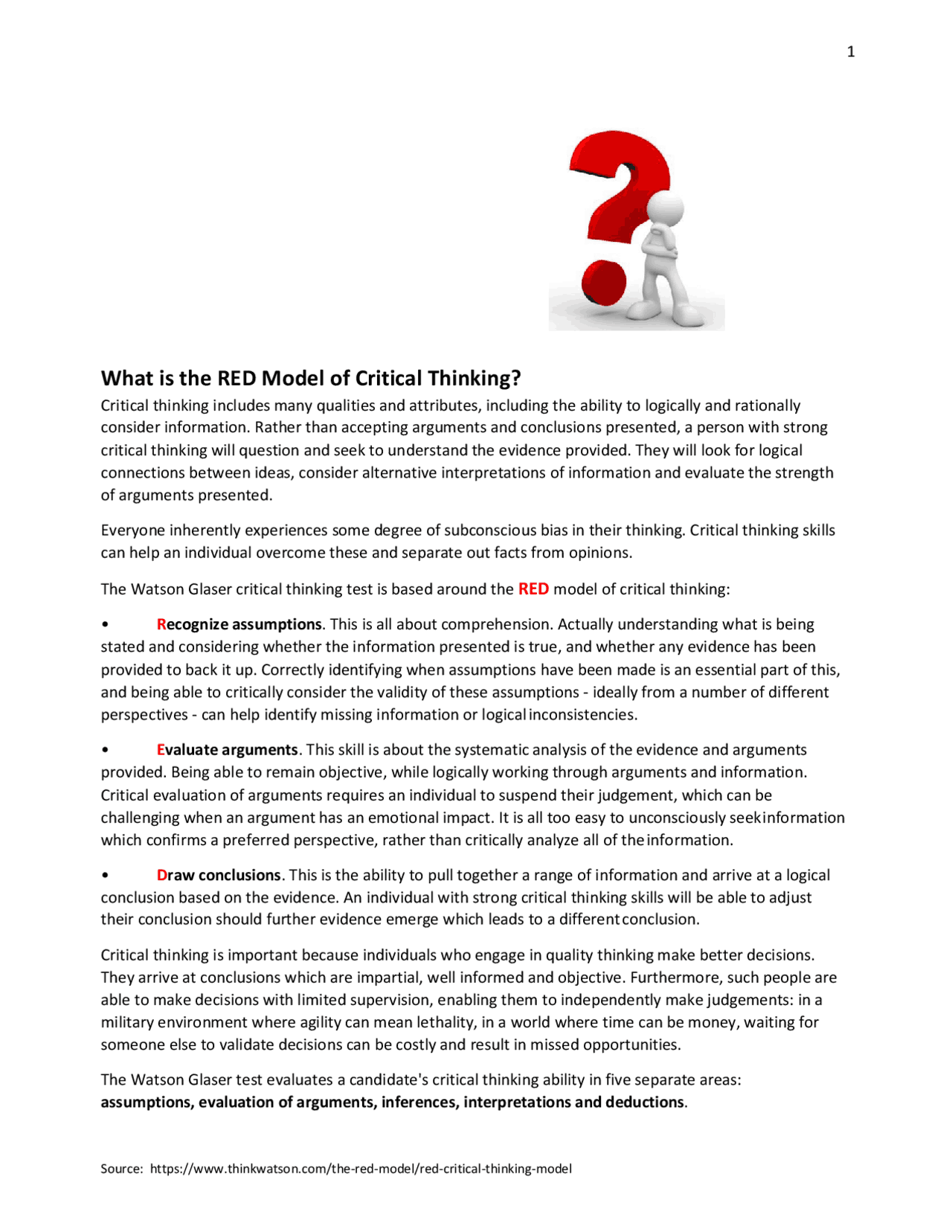 What is the RED Model of Critical Thinking? | Summaries Logic | Docsity