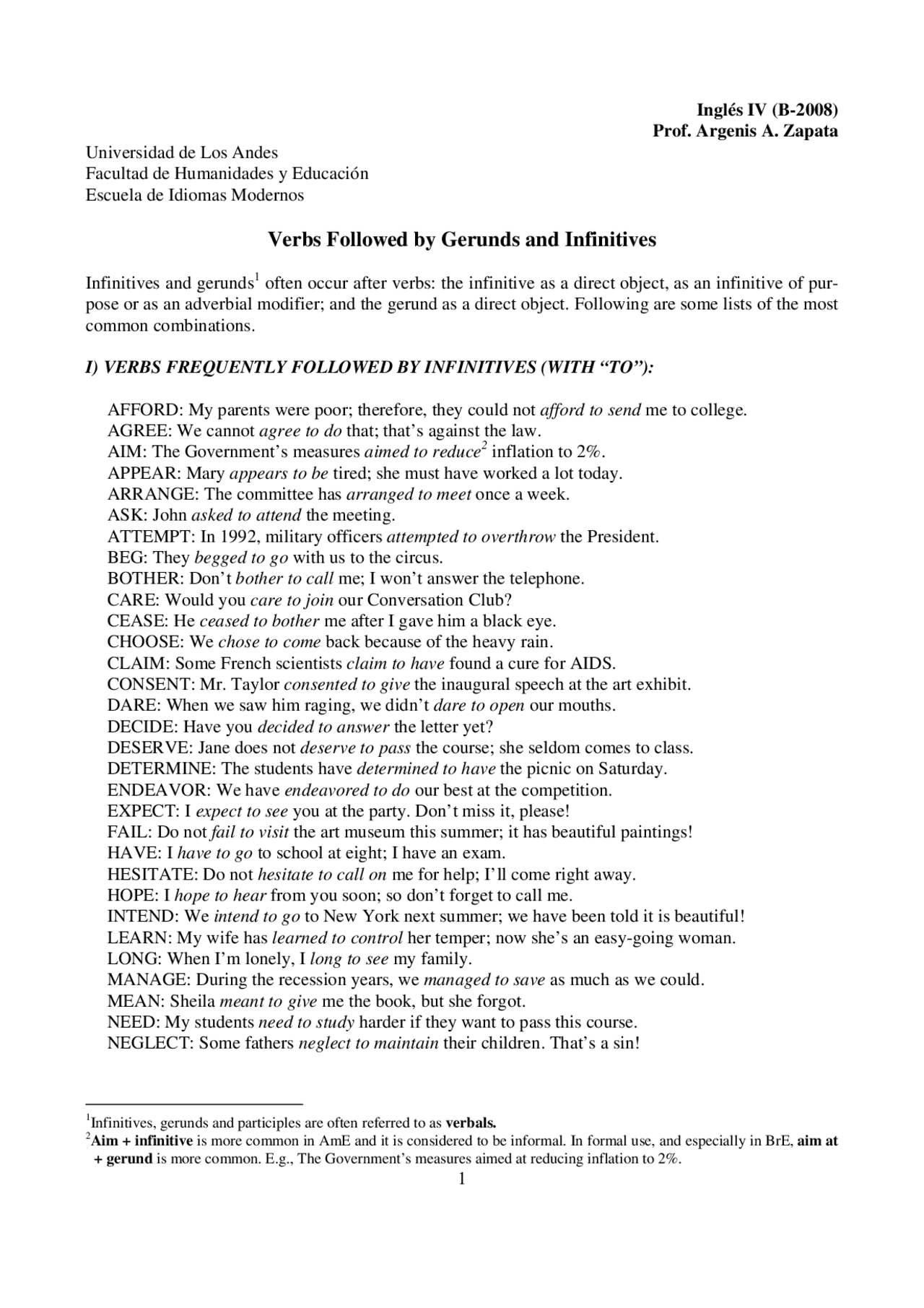 Study En Ing Verbs Followed by Gerunds and Infinitives | Study notes English | Docsity