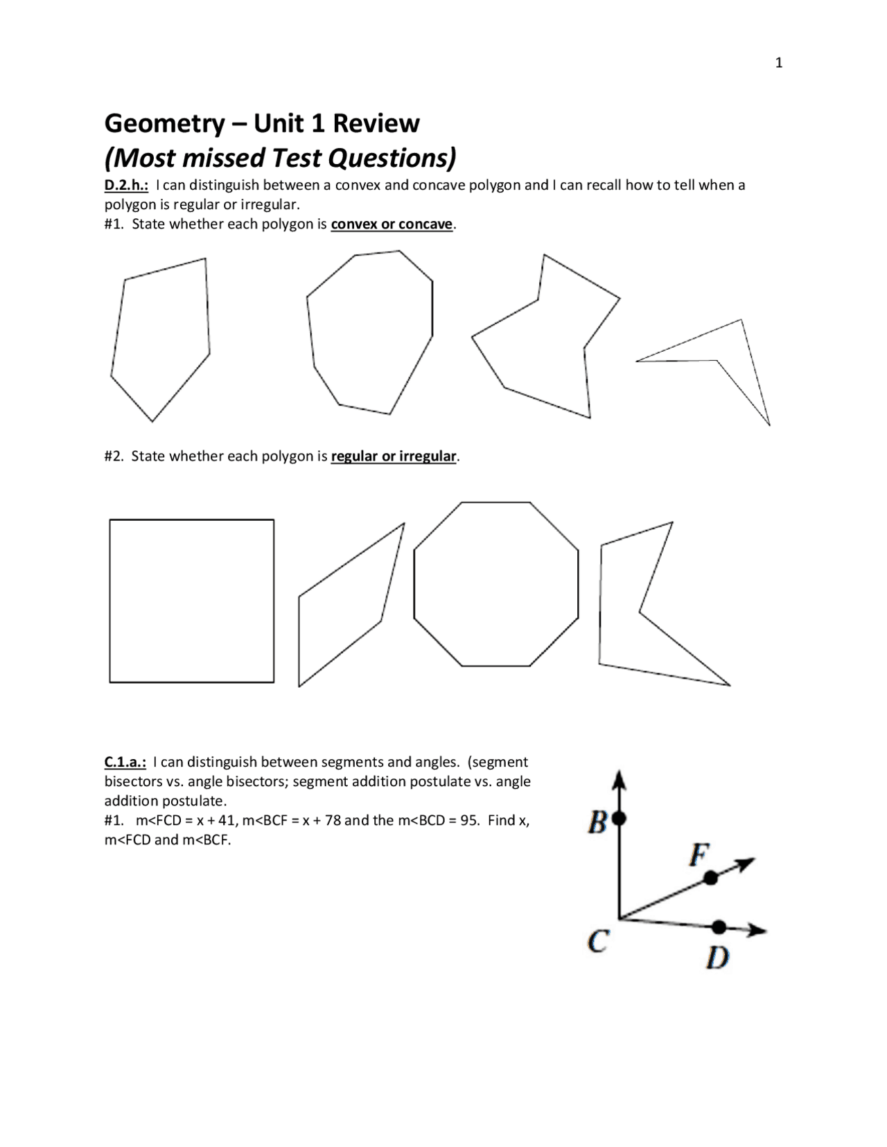 Geometry – Unit 1 Review (Most missed Test Questions) | Lecture notes ...