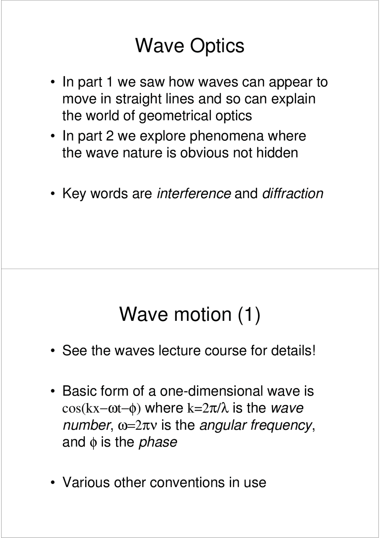Wave Optics Wave motion (1) Lecture notes Optics Docsity