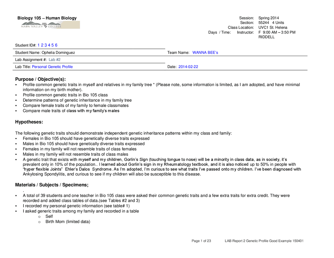 LAB Report 2 Genetic Profile Good Example 150401.pdf | Exercises Human ...
