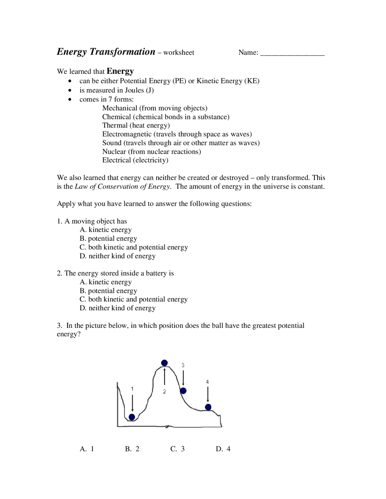 Energy Transformation worksheet Lecture notes Law Docsity