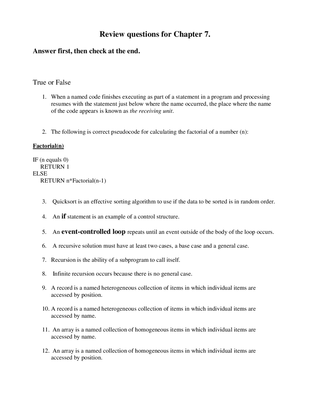 Review questions for Chapter 7. | Study notes Computer Science | Docsity