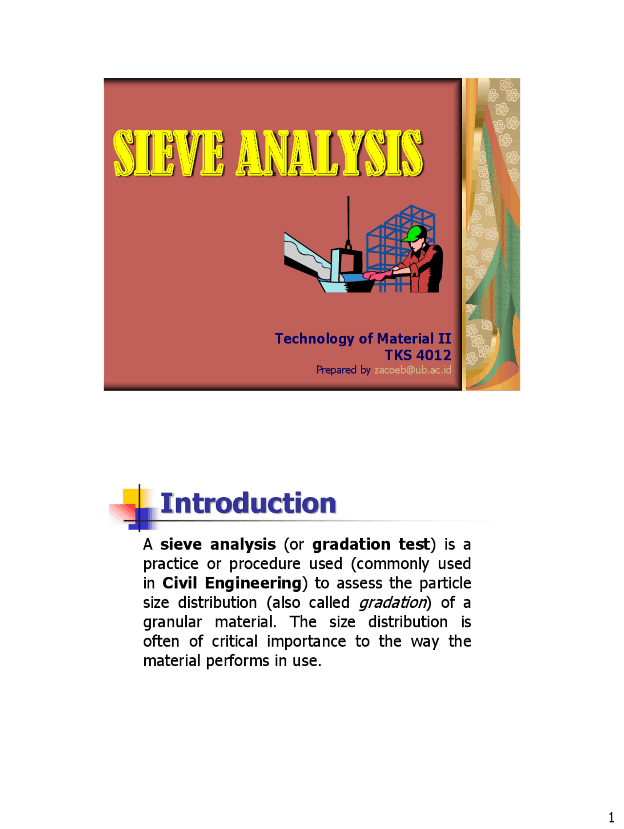 SIEVE ANALYSIS | Exercises Civil Engineering | Docsity