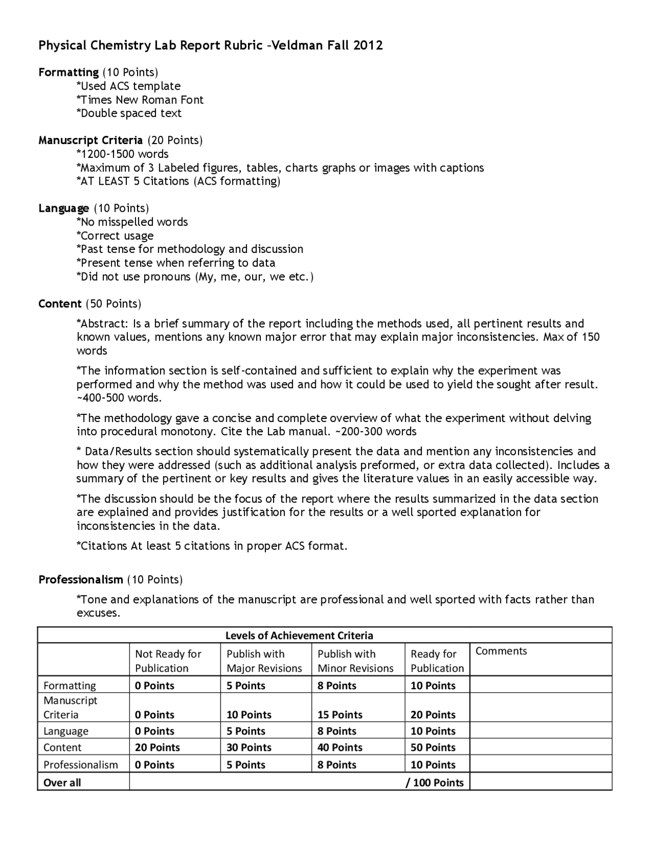 Physical Chemistry Lab Report Rubric Study notes Physical Chemistry